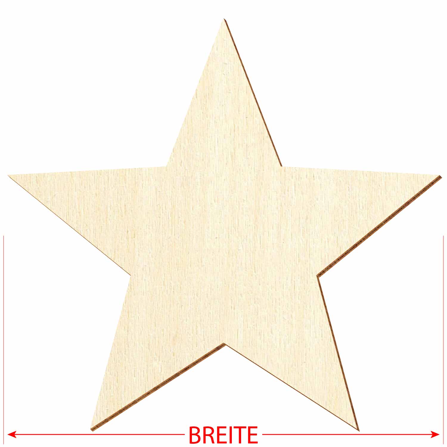 5-zackiger Stern aus Sperrholz mit Maßpfeilen für die Breite