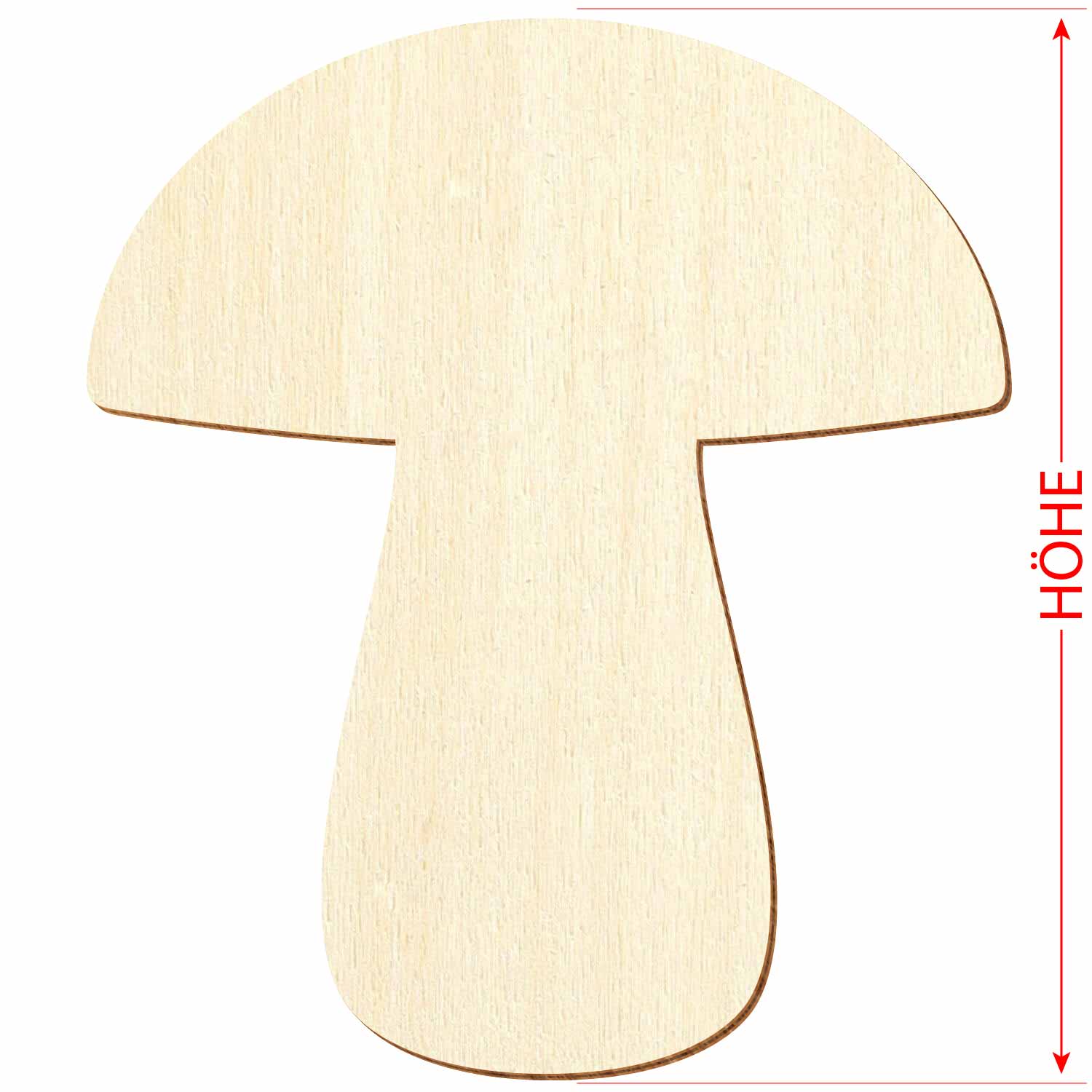 einfache Silhouette eines Pilzes aus Sperrholz mit Maßpfeilen für das Referenzmaß Höhe