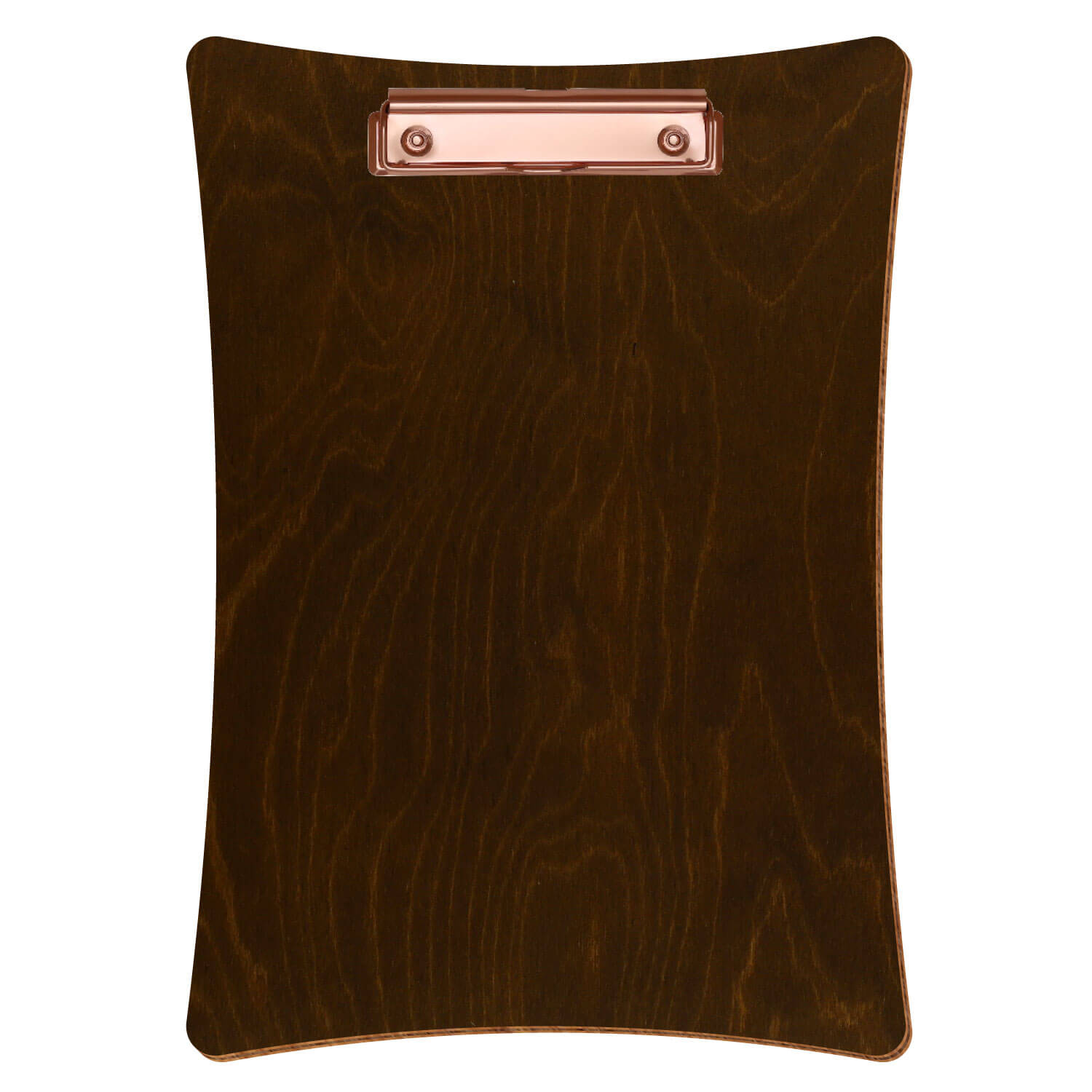 Bütic Holz-Klemmbrett konkav -Farbe Eiche dunkel- A4 hochkant mit roségoldener Bügelklemme