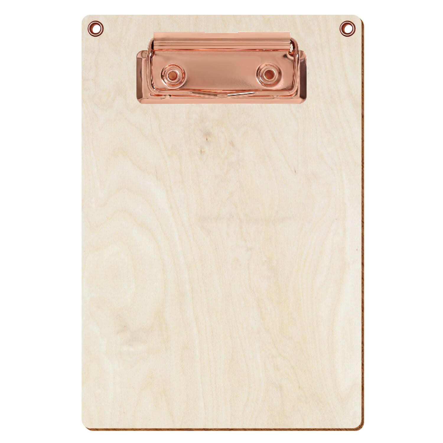 Klemmbrett Standardform Birke natur mit 2 Ösen A6 hochkant Bügelklemme roségold