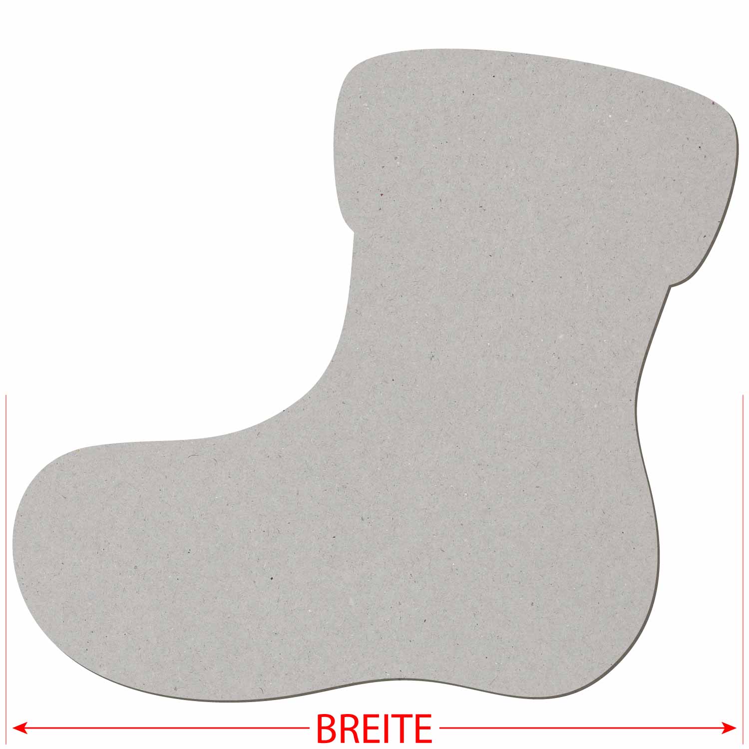 Nikolausstiefel-Zuschnitt aus grauer Pappe in Stiefelform, mit rotem Doppelpfeil und Beschriftung „Breite" zur Maßangabe