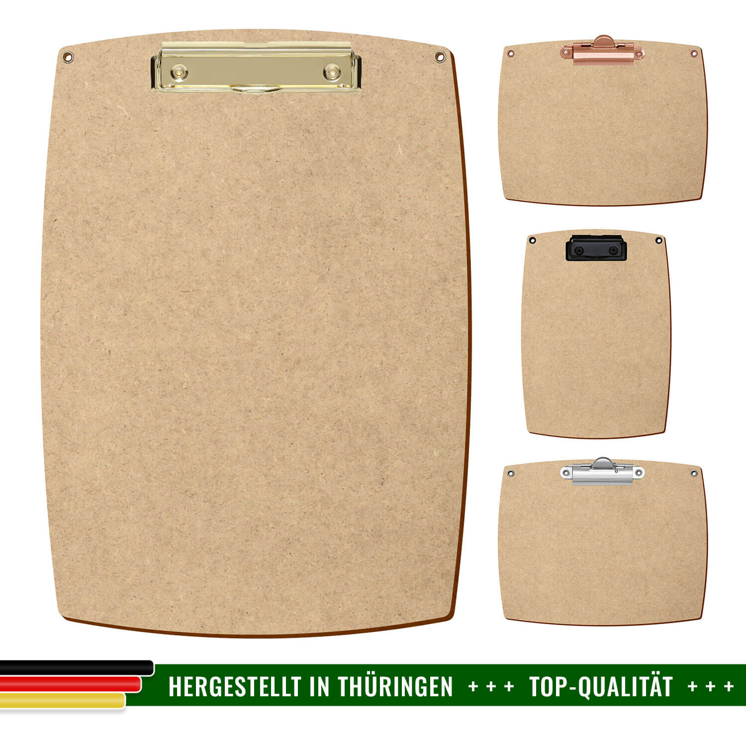 Bütic Holz MDF/HDF Klemmbrett konvex mit Aufhängeösen in 4 verschiedenen Ausführungen mit Hinweis Hergestellt in Thüringen