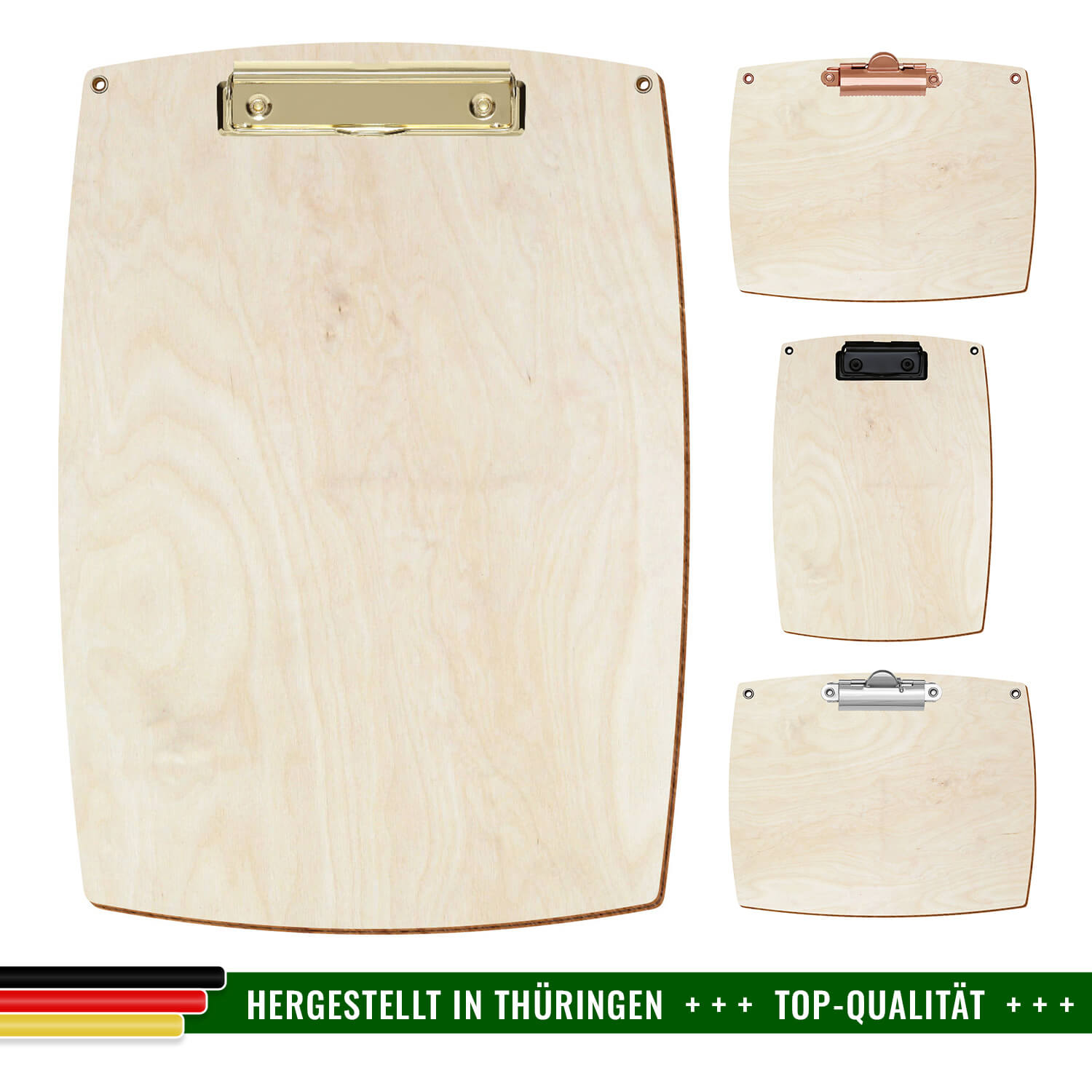 Bütic Holz-Klemmbrett konvex naturfarben mit Aufhängeösen in 4 verschiedenen Ausführungen mit Hinweis Hergestellt in Thüringen