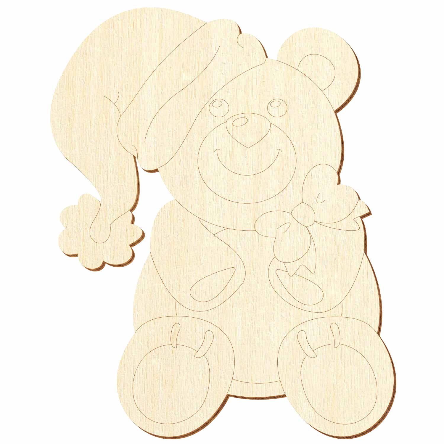 sitzender Teddybär mit Weihnachtsmannmütze und Schleife aus Sperrholz