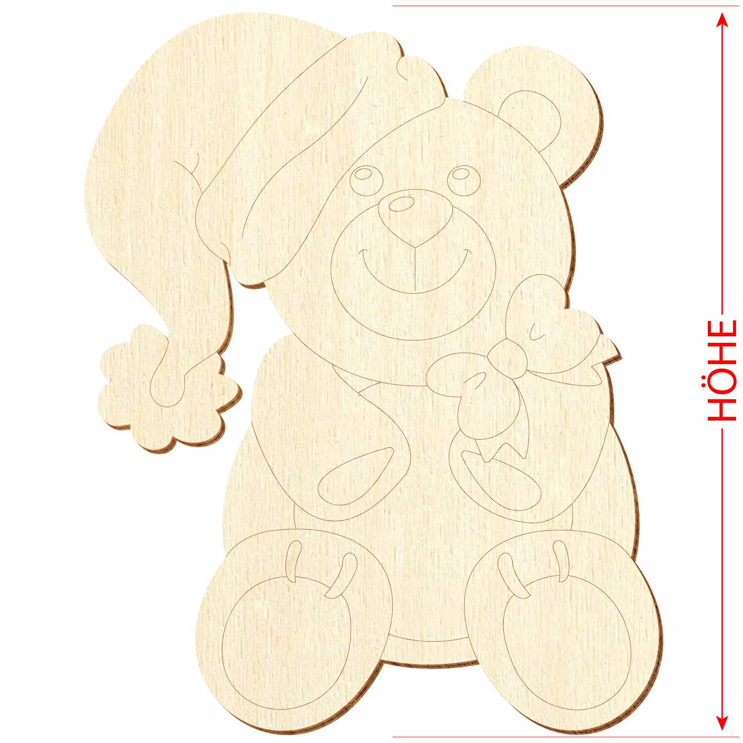 sitzender Teddybär mit Weihnachtsmannmütze und Schleife aus Sperrholz sowie mit Maßpfeilen für das Höhenmaß