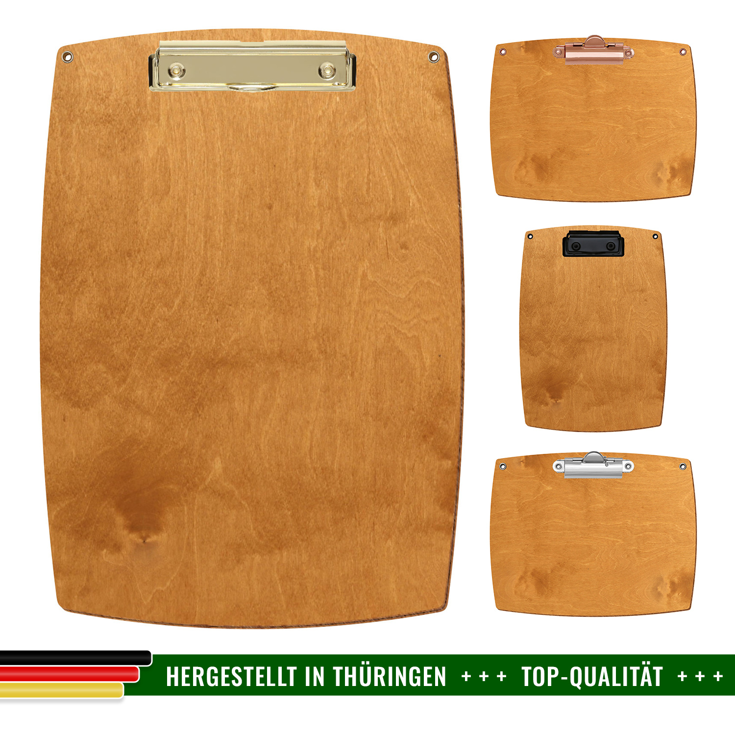 Bütic Holz-Klemmbrett konvex in der Farbe Birnbaum mit Aufhängeösen in 4 verschiedenen Ausführungen mit Hinweis Hergestellt in Thüringen