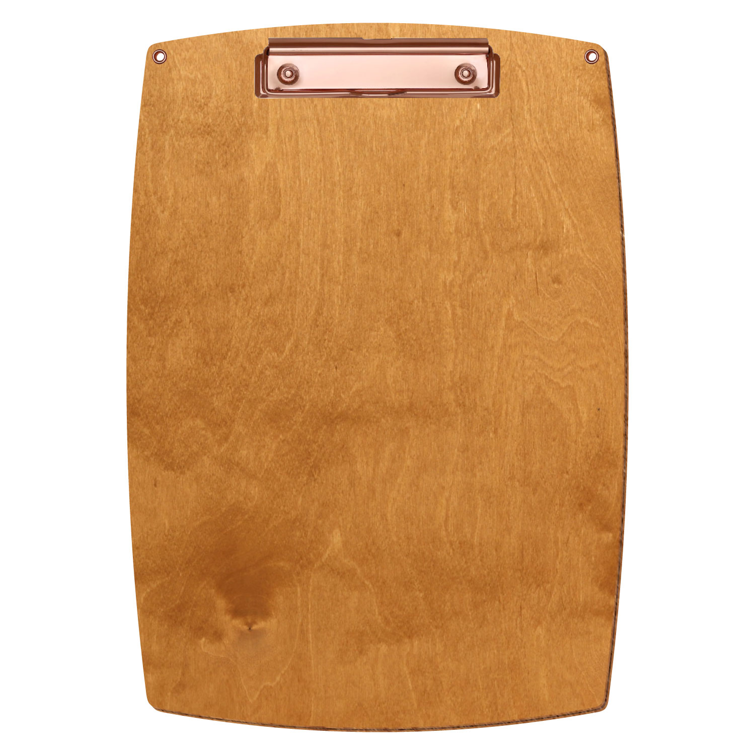 Bütic Holz-Klemmbrett konvex in der Farbe Birnbaum mit Aufhängeösen in A4 hochkant mit roségoldener Bügelklemme