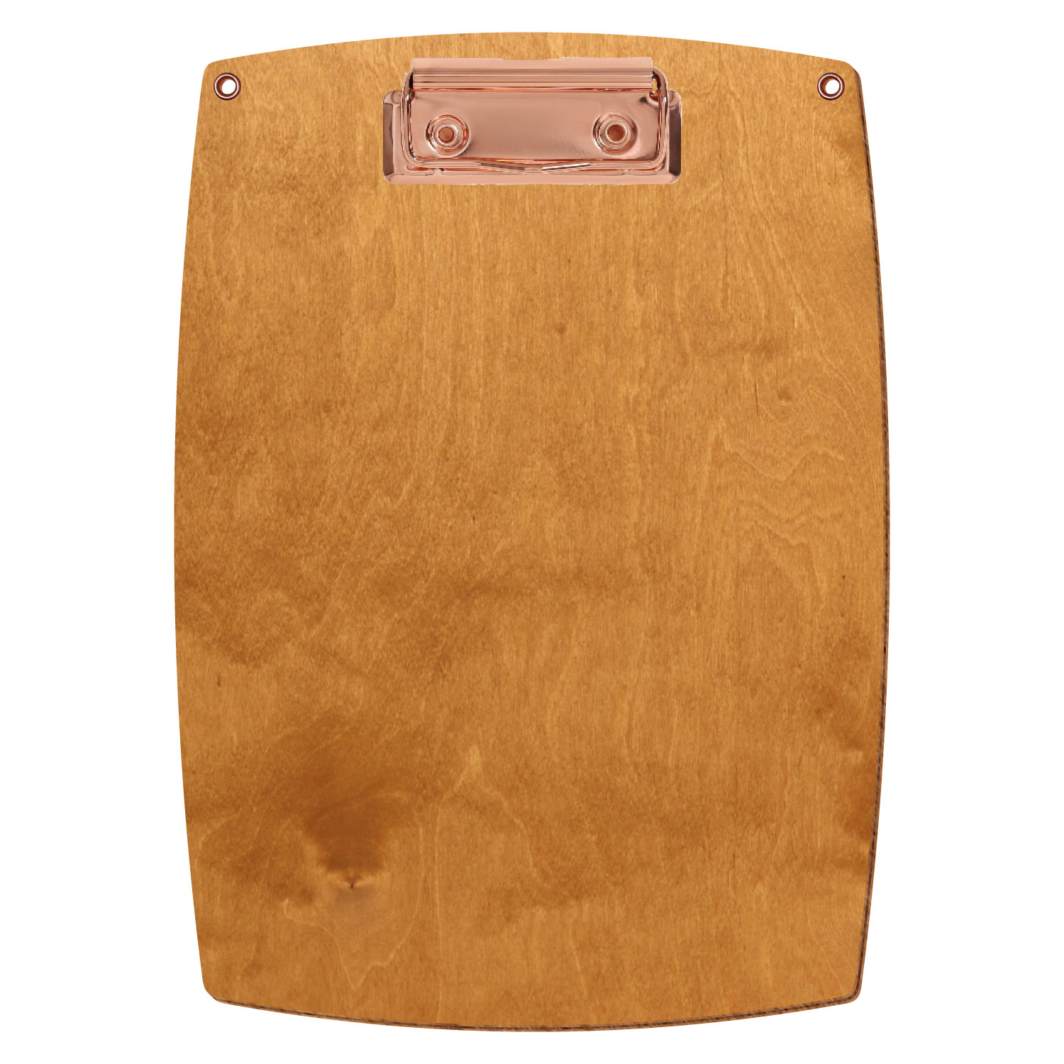 Bütic Holz-Klemmbrett konvex in der Farbe Birnbaum mit Aufhängeösen in A5 hochkant mit roségoldener Bügelklemme