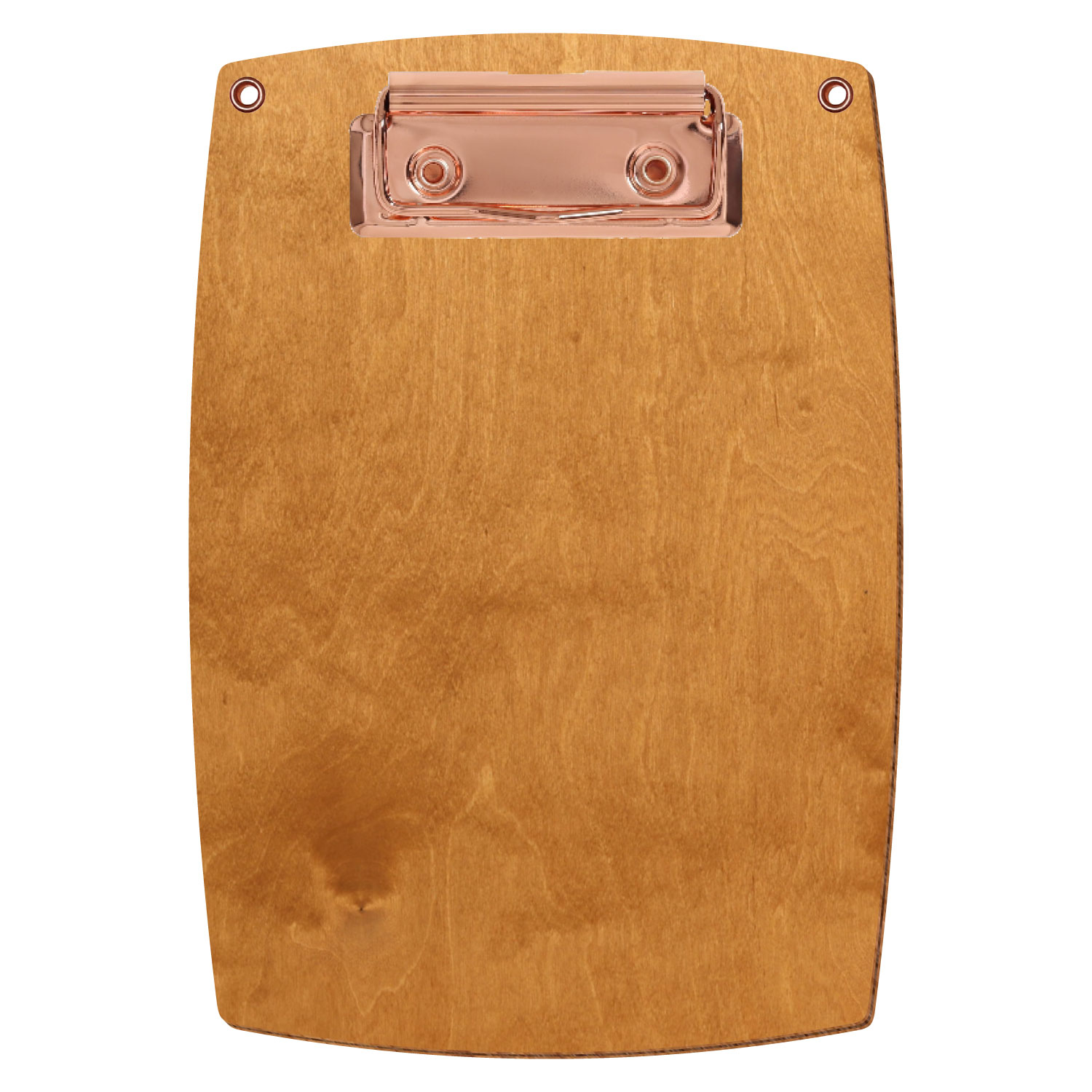 Bütic Holz-Klemmbrett konvex in der Farbe Birnbaum mit Aufhängeösen in A6 hochkant mit roségoldener Bügelklemme