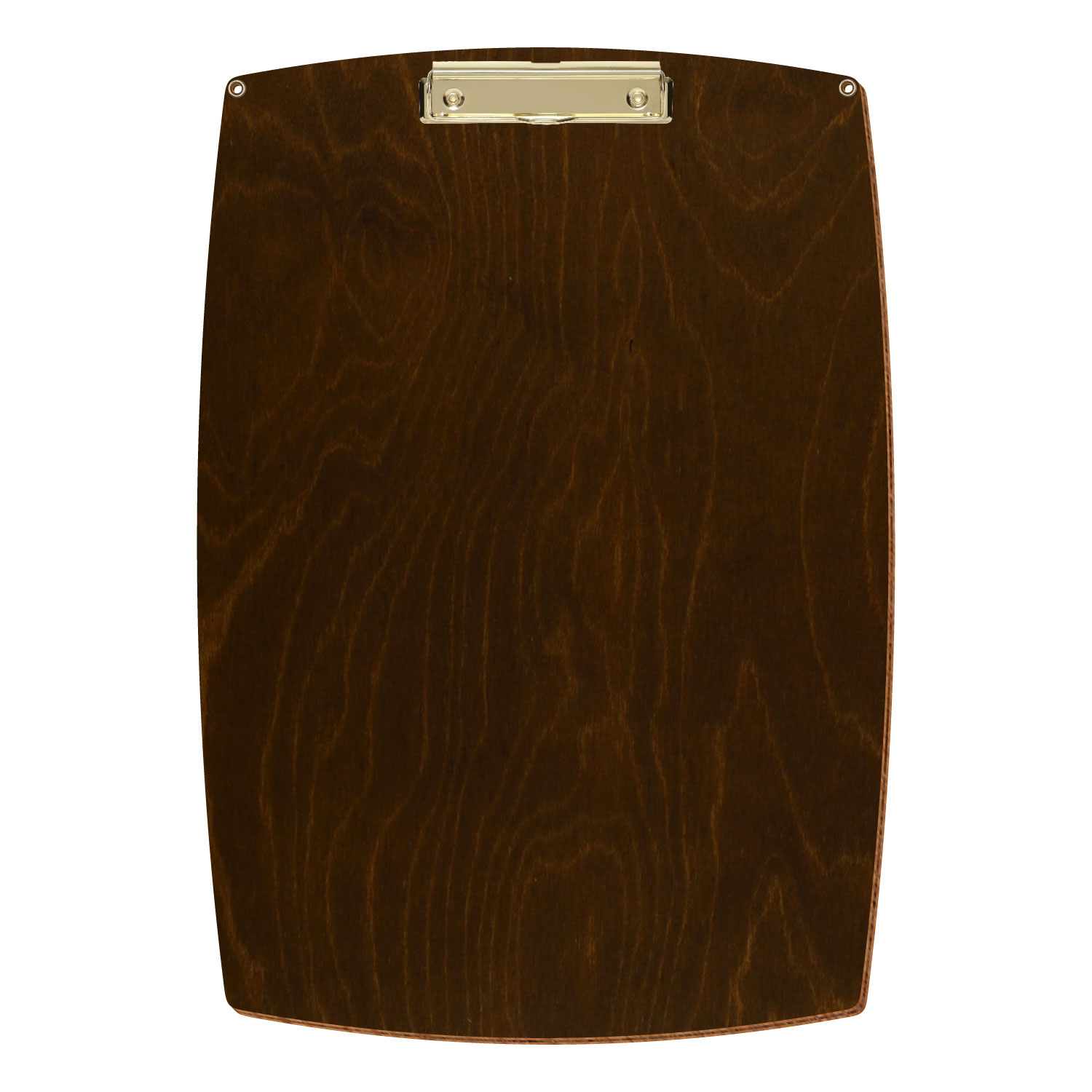 Bütic Holz-Klemmbrett konvex in der Farbe Eiche dunkel mit Aufhängeösen in A3 hochkant mit goldener Bügelklemme