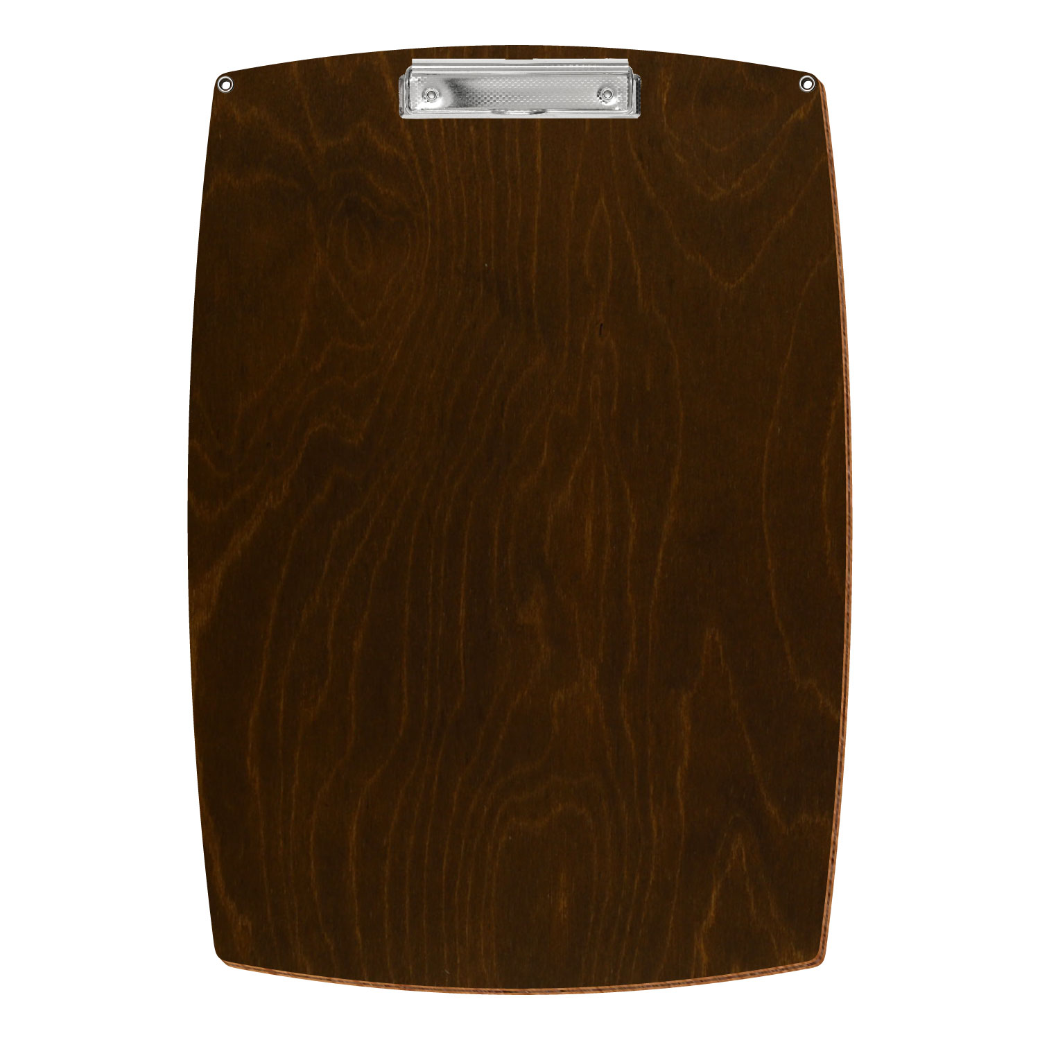 Bütic Holz-Klemmbrett konvex in der Farbe Eiche dunkel mit Aufhängeösen in A3 hochkant mit carbon-silberner Bügelklemme
