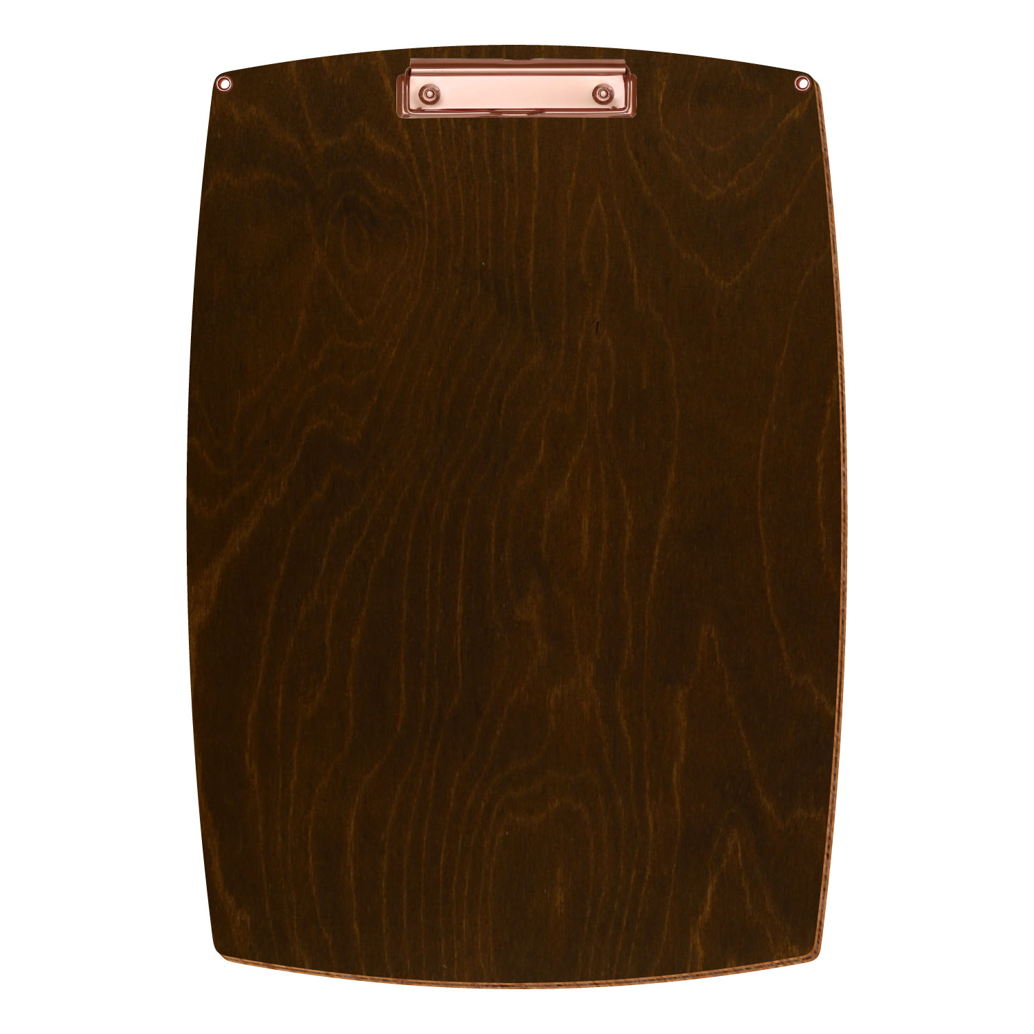 Bütic Holz-Klemmbrett konvex in der Farbe Eiche dunkel mit Aufhängeösen in A3 hochkant mit roségoldener Bügelklemme