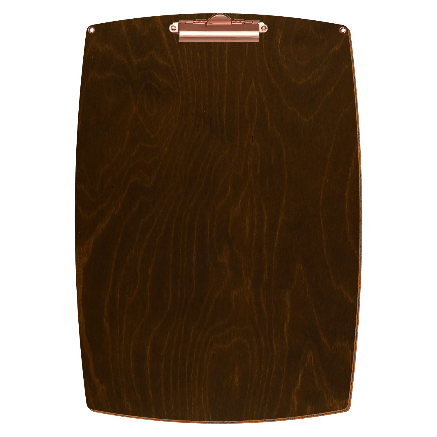 Bütic Holz-Klemmbrett konvex in der Farbe Eiche dunkel mit Aufhängeösen in A3 hochkant mit roségoldener Zahnklemme