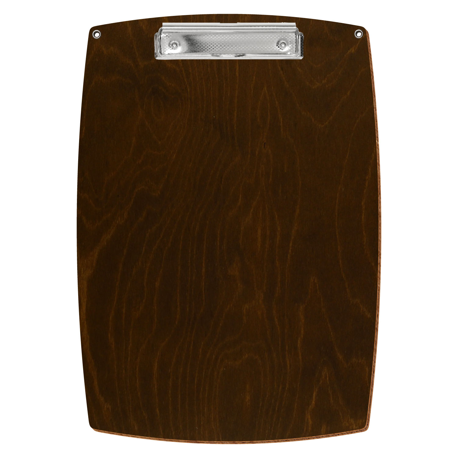 Bütic Holz-Klemmbrett konvex in der Farbe Eiche dunkel mit Aufhängeösen in A4 hochkant mit carbon-silberner Bügelklemme
