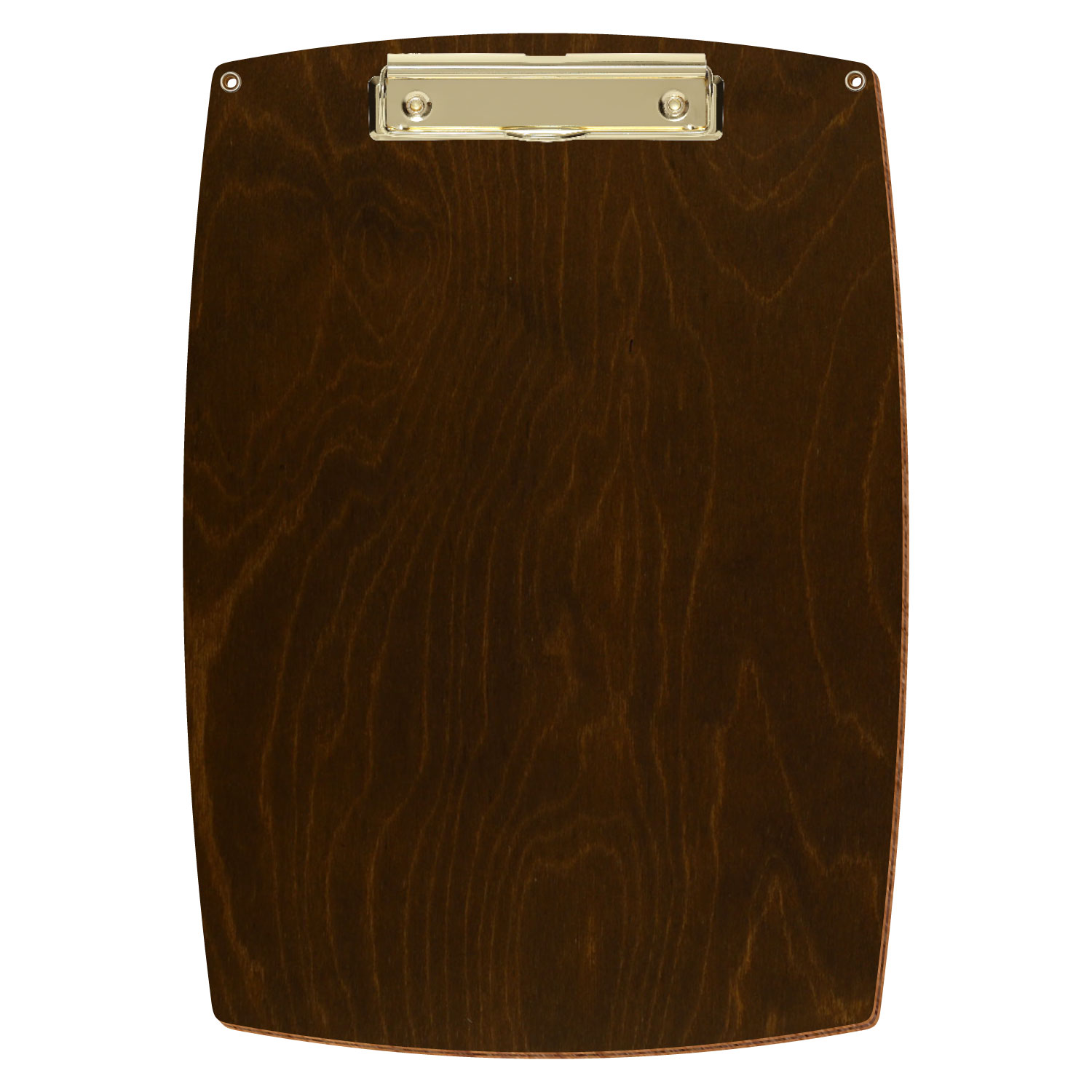 Bütic Holz-Klemmbrett konvex in der Farbe Eiche dunkel mit Aufhängeösen in A4 hochkant mit goldener Bügelklemme