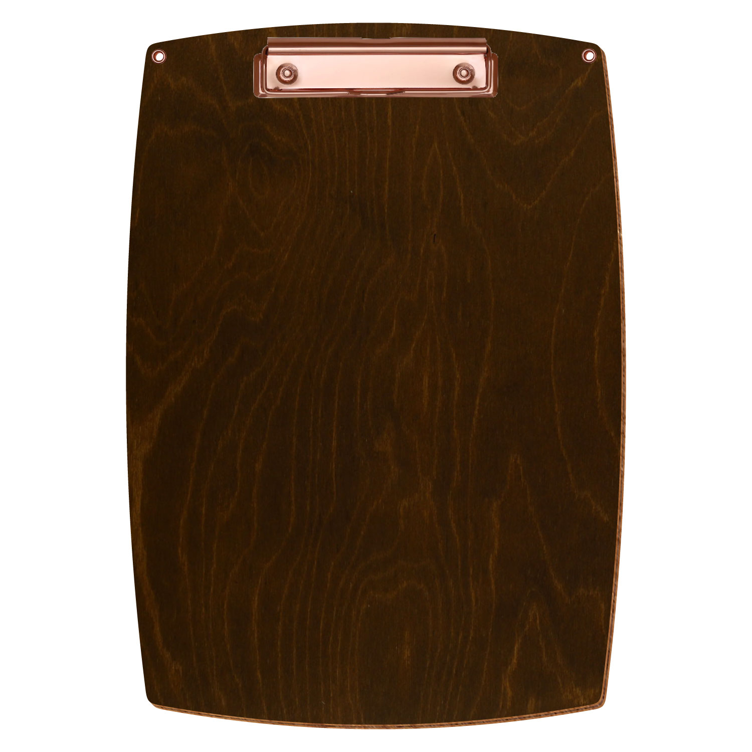 Bütic Holz-Klemmbrett konvex in der Farbe Eiche dunkel mit Aufhängeösen in A4 hochkant mit roségoldener Bügelklemme