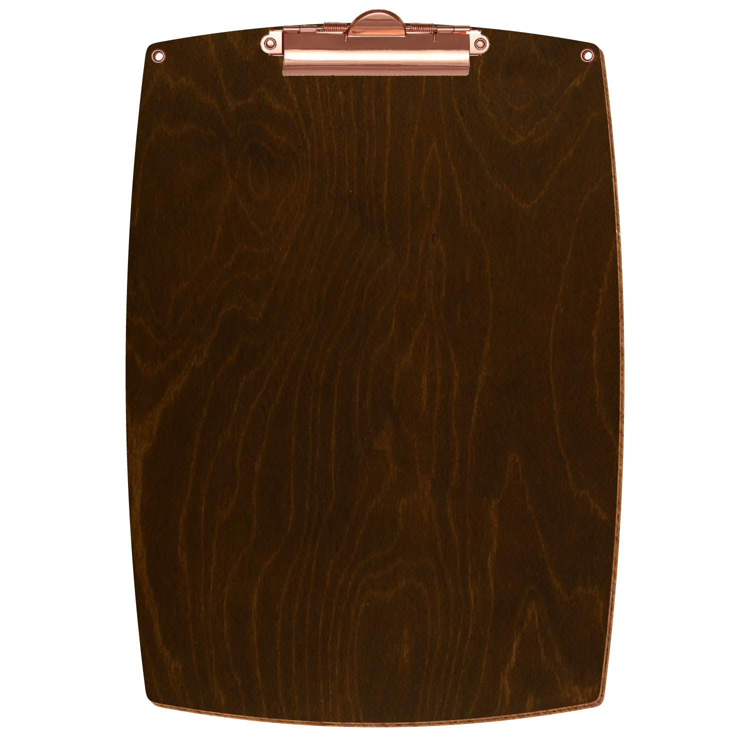 Bütic Holz-Klemmbrett konvex in der Farbe Eiche dunkel mit Aufhängeösen in A4 hochkant mit roségoldener Zahnklemme