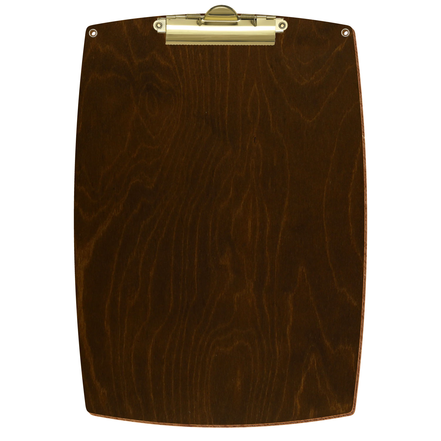 Bütic Holz-Klemmbrett konvex in der Farbe Eiche dunkel mit Aufhängeösen in A4 hochkant mit goldener Zahnklemme