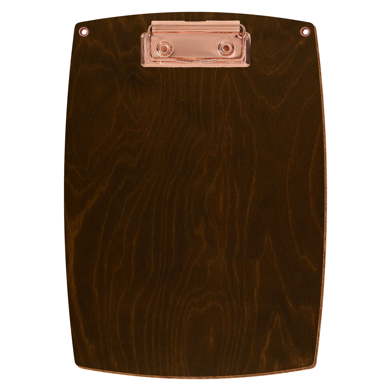 Bütic Holz-Klemmbrett konvex in der Farbe Eiche dunkel mit Aufhängeösen in A5 hochkant mit roségoldener Bügelklemme