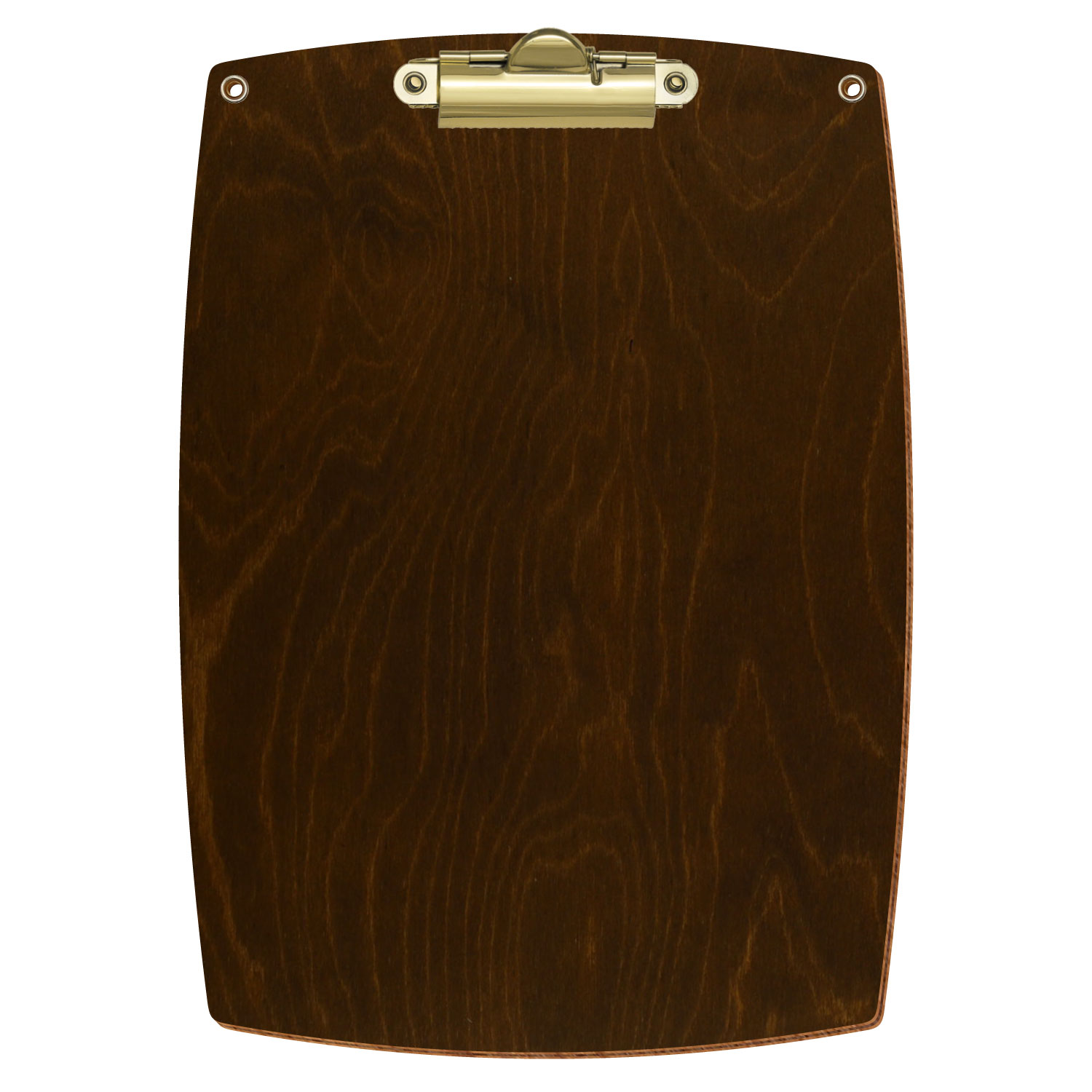 Bütic Holz-Klemmbrett konvex in der Farbe Eiche dunkel mit Aufhängeösen in A4 hochkant mit goldener Zahnklemme