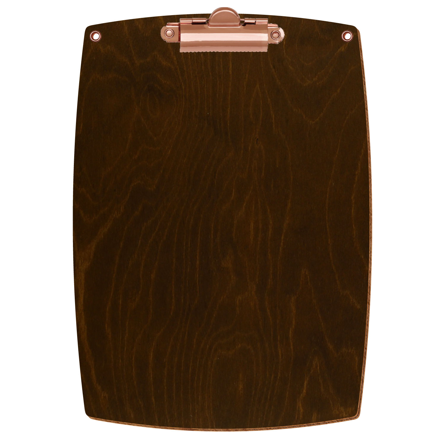 Bütic Holz-Klemmbrett konvex in der Farbe Eiche dunkel mit Aufhängeösen in A5 hochkant mit roségoldener Zahnklemme