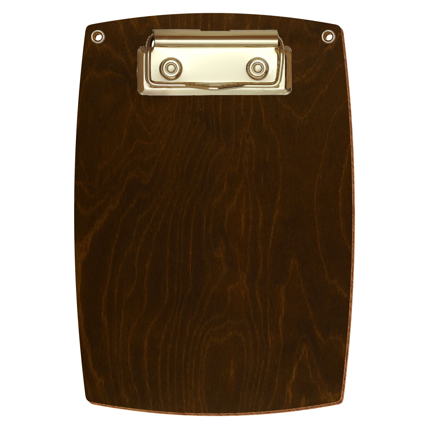 Bütic Holz-Klemmbrett konvex in der Farbe Eiche dunkel mit Aufhängeösen in A6 hochkant mit goldener Bügelklemme