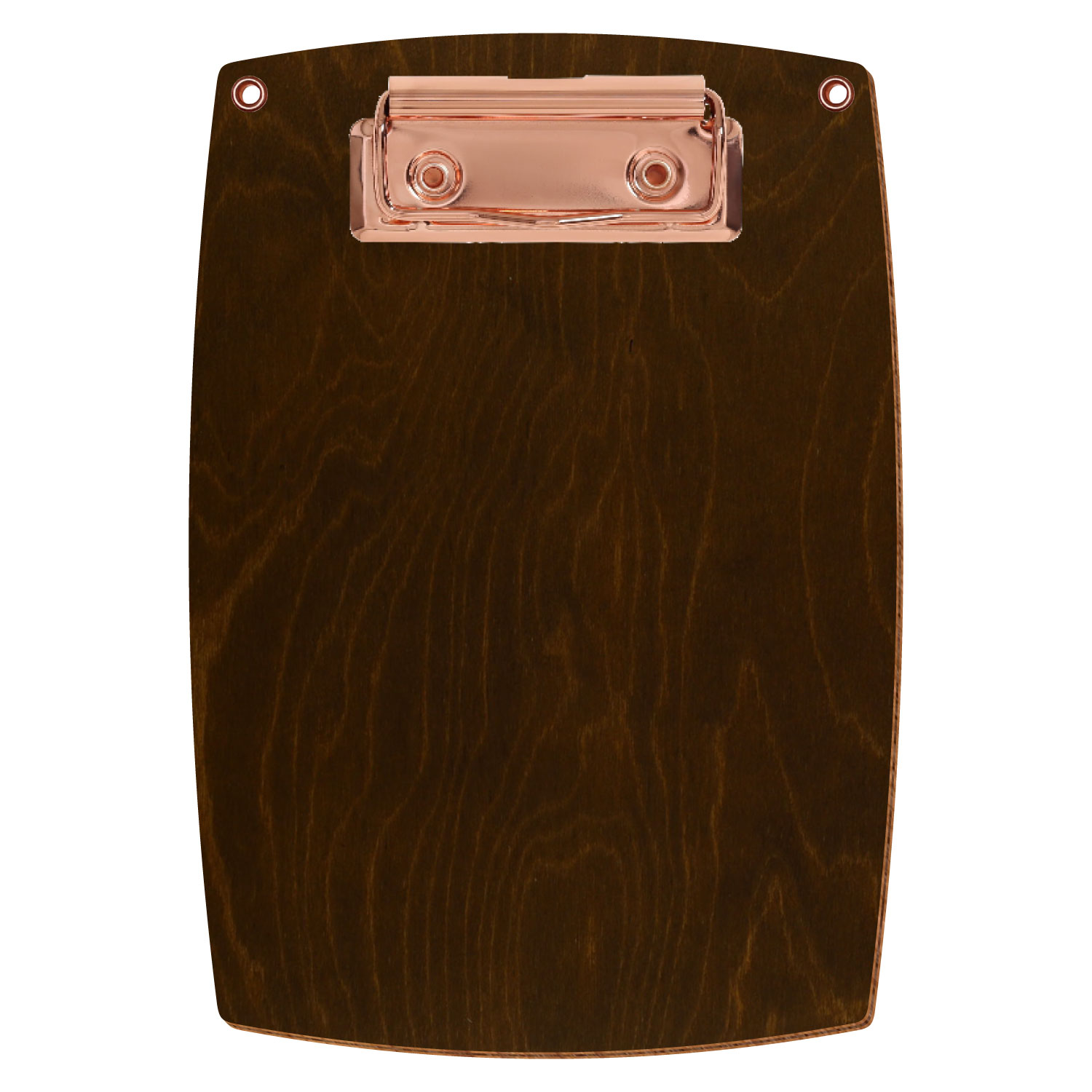 Bütic Holz-Klemmbrett konvex in der Farbe Eiche dunkel mit Aufhängeösen in A6 hochkant mit roségoldener Bügelklemme