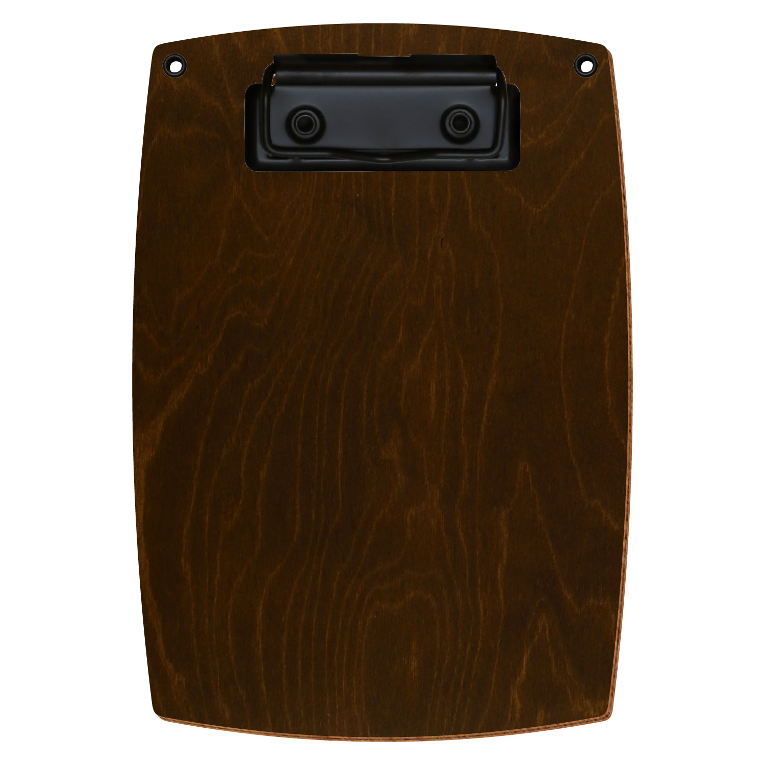 Bütic Holz-Klemmbrett konvex in der Farbe Eiche dunkel mit Aufhängeösen in A6 hochkant mit schwarzer Bügelklemme