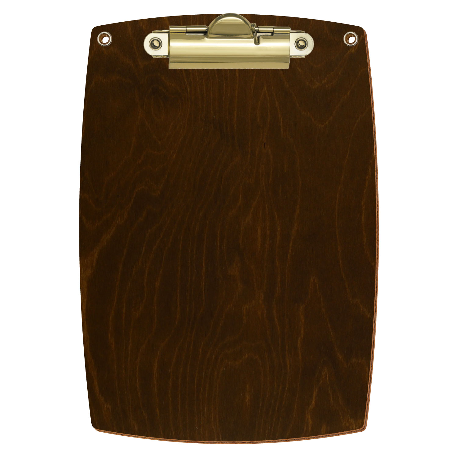 Bütic Holz-Klemmbrett konvex in der Farbe Eiche dunkel mit Aufhängeösen in A6 hochkant mit goldener Zahnklemme