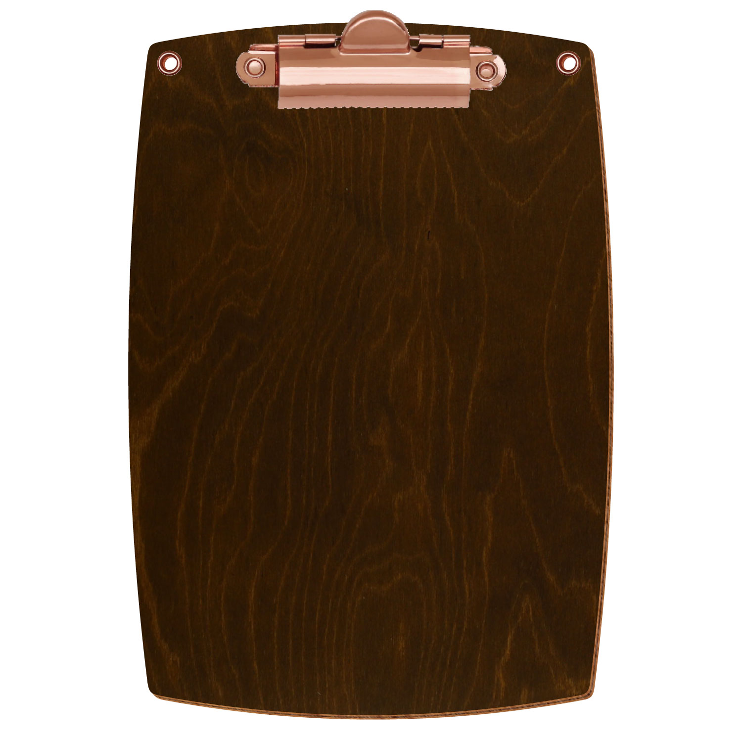 Bütic Holz-Klemmbrett konvex in der Farbe Eiche dunkel mit Aufhängeösen in A6 hochkant mit roségoldener Zahnklemme