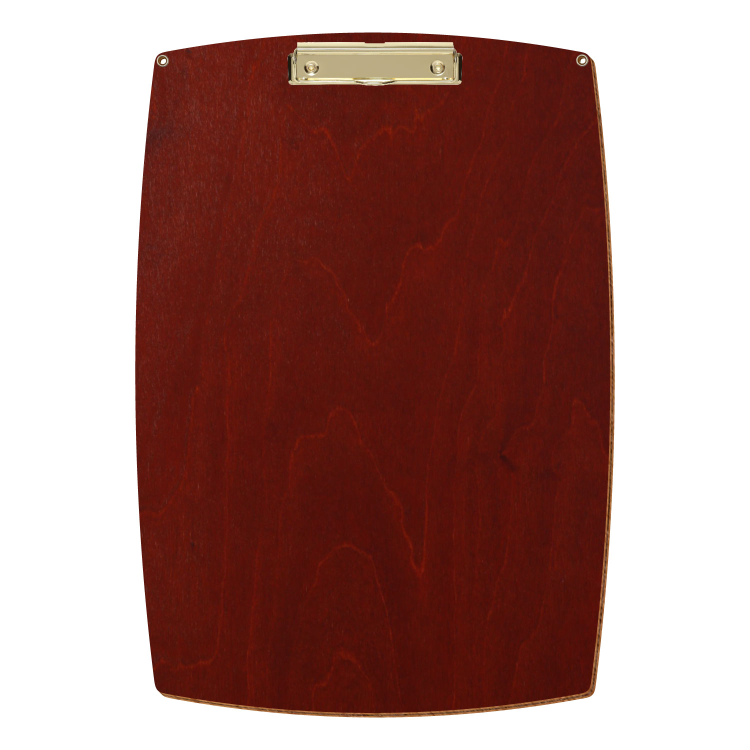 Bütic Holz-Klemmbrett konvex in der Farbe Kirschbaum dunkel mit Aufhängeösen in A3 hochkant mit goldener Bügelklemme