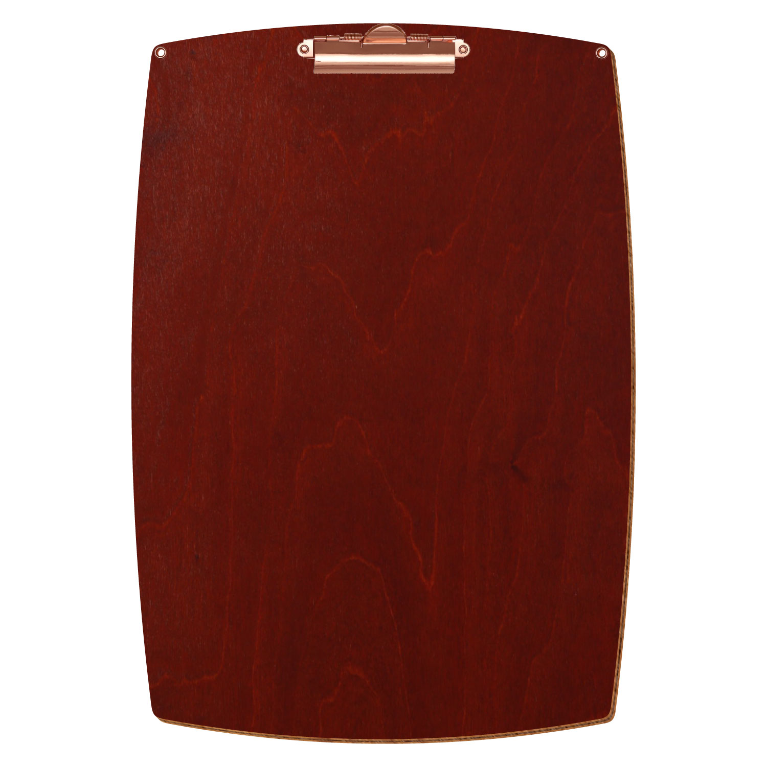 Bütic Holz-Klemmbrett konvex in der Farbe Kirschbaum dunkel mit Aufhängeösen in A3 hochkant mit roségoldener Zahnklemme