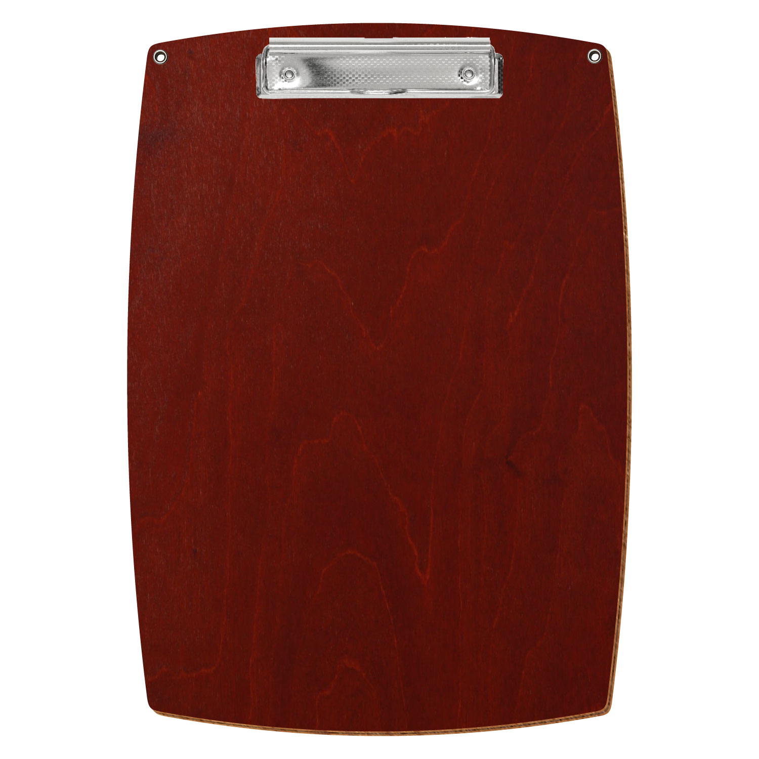 Bütic Holz-Klemmbrett konvex in der Farbe Kirschbaum dunkel mit Aufhängeösen in A4 hochkant mit carbon-silberner Bügelklemme