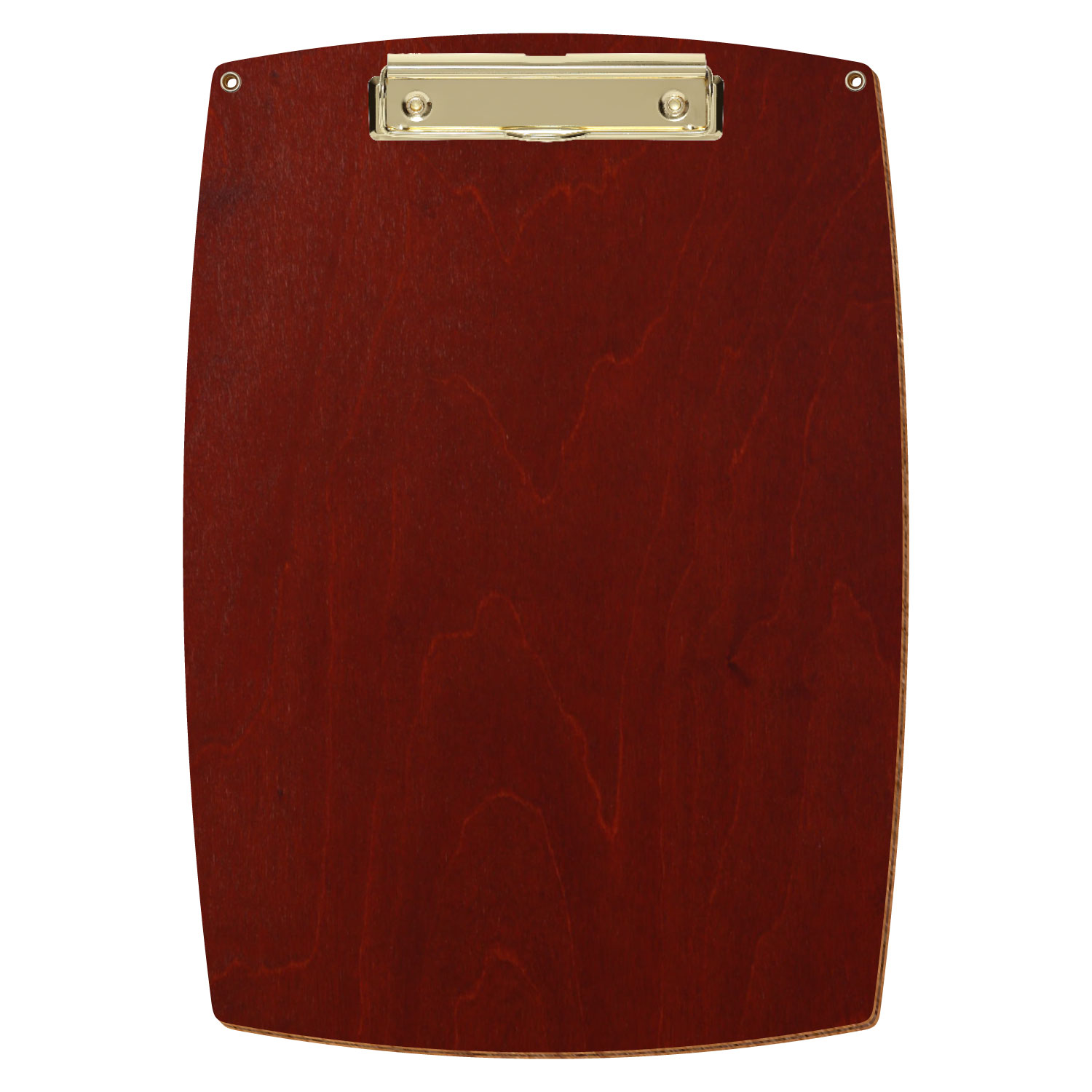 Bütic Holz-Klemmbrett konvex in der Farbe Kirschbaum dunkel mit Aufhängeösen in A4 hochkant mit goldener Bügelklemme