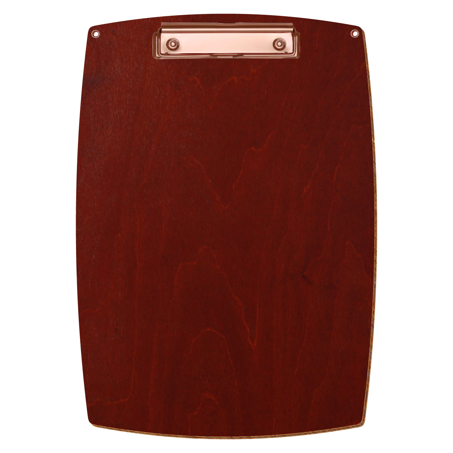 Bütic Holz-Klemmbrett konvex in der Farbe Kirschbaum dunkel mit Aufhängeösen in A4 hochkant mit roségoldener Bügelklemme