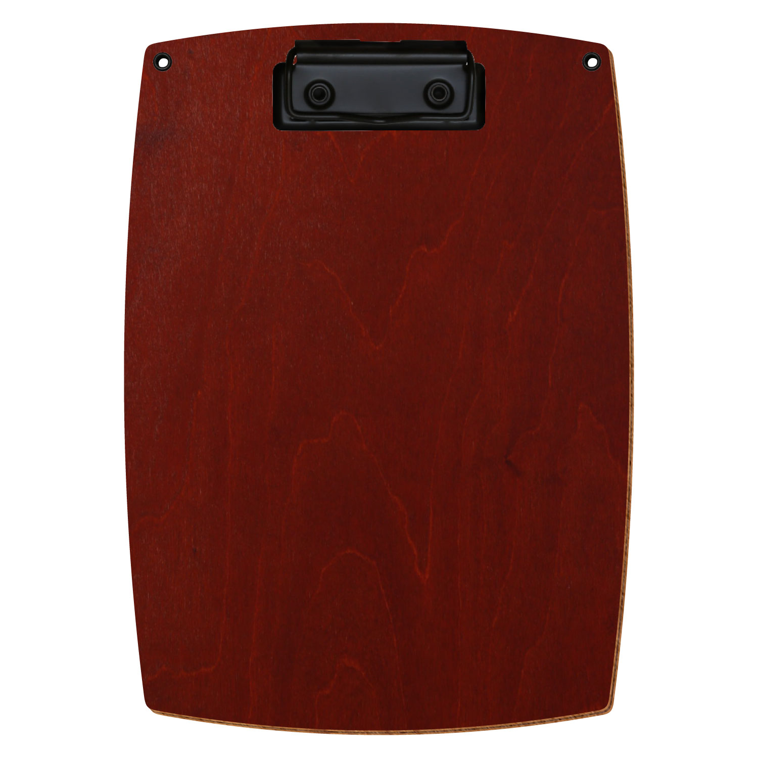 Bütic Holz-Klemmbrett konvex in der Farbe Kirschbaum dunkel mit Aufhängeösen in A5 hochkant mit schwarzer Bügelklemme