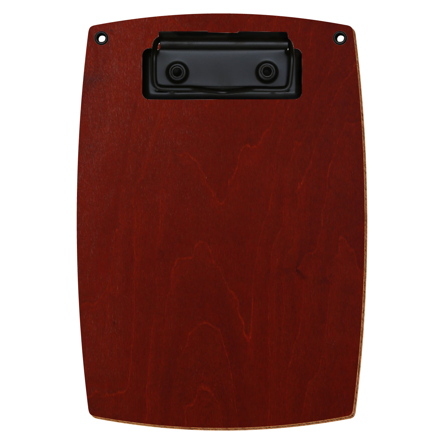 Bütic Holz-Klemmbrett konvex in der Farbe Kirschbaum dunkel mit Aufhängeösen in A6 hochkant mit schwarzer Bügelklemme