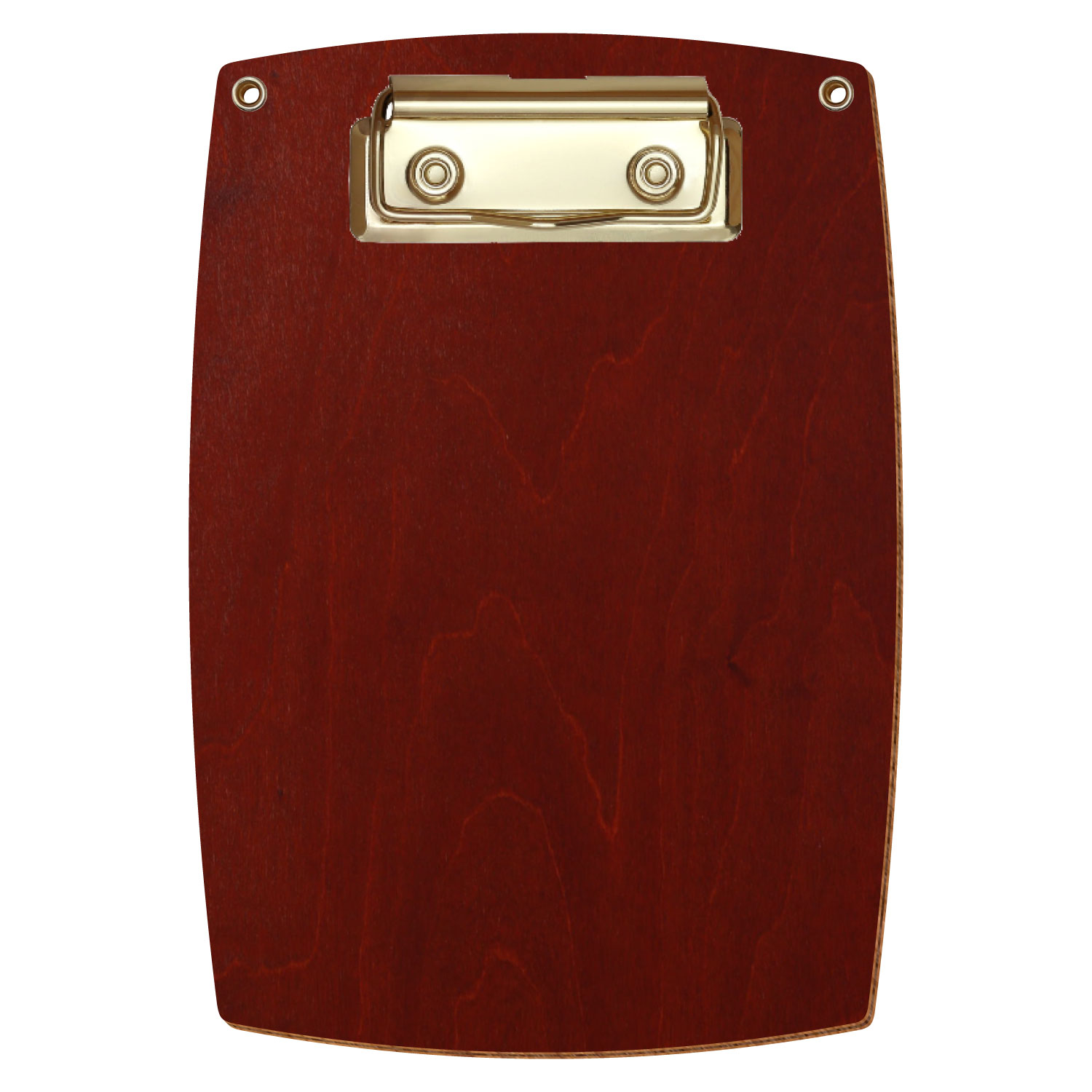Bütic Holz-Klemmbrett konvex in der Farbe Kirschbaum dunkel mit Aufhängeösen in A6 hochkant mit goldener Bügelklemme
