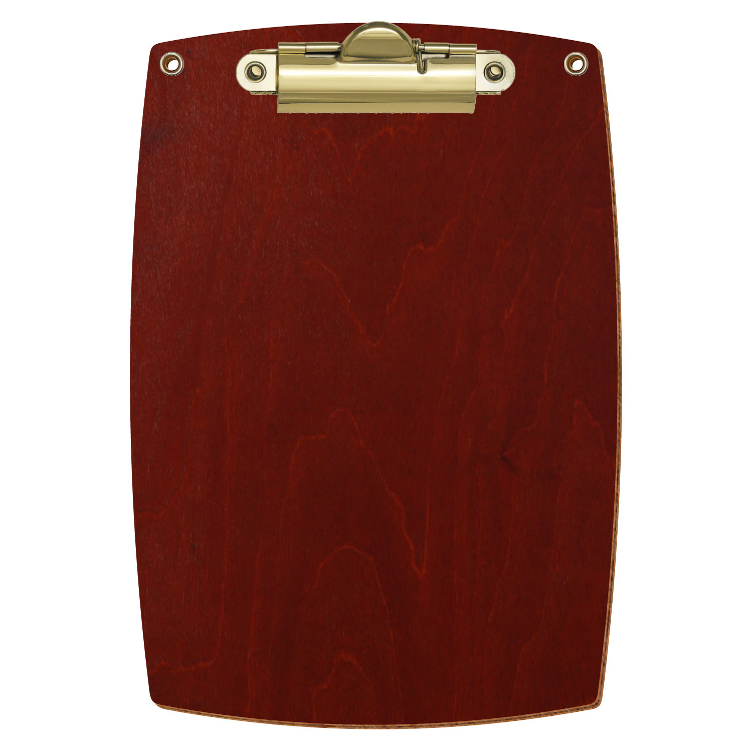 Bütic Holz-Klemmbrett konvex in der Farbe Kirschbaum dunkel mit Aufhängeösen in A6 hochkant mit goldener Zahnklemme