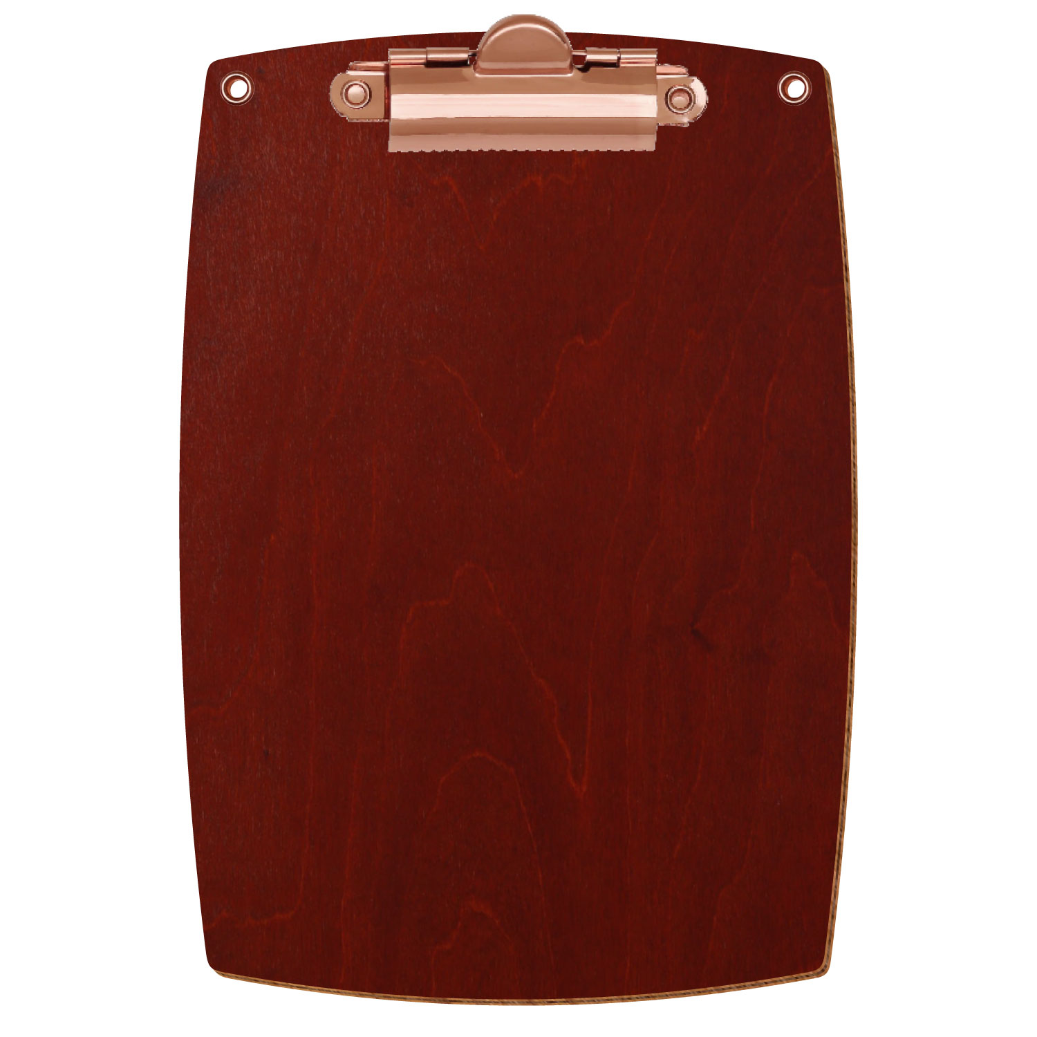 Bütic Holz-Klemmbrett konvex in der Farbe Kirschbaum dunkel mit Aufhängeösen in A6 hochkant mit roségoldener Zahnklemme