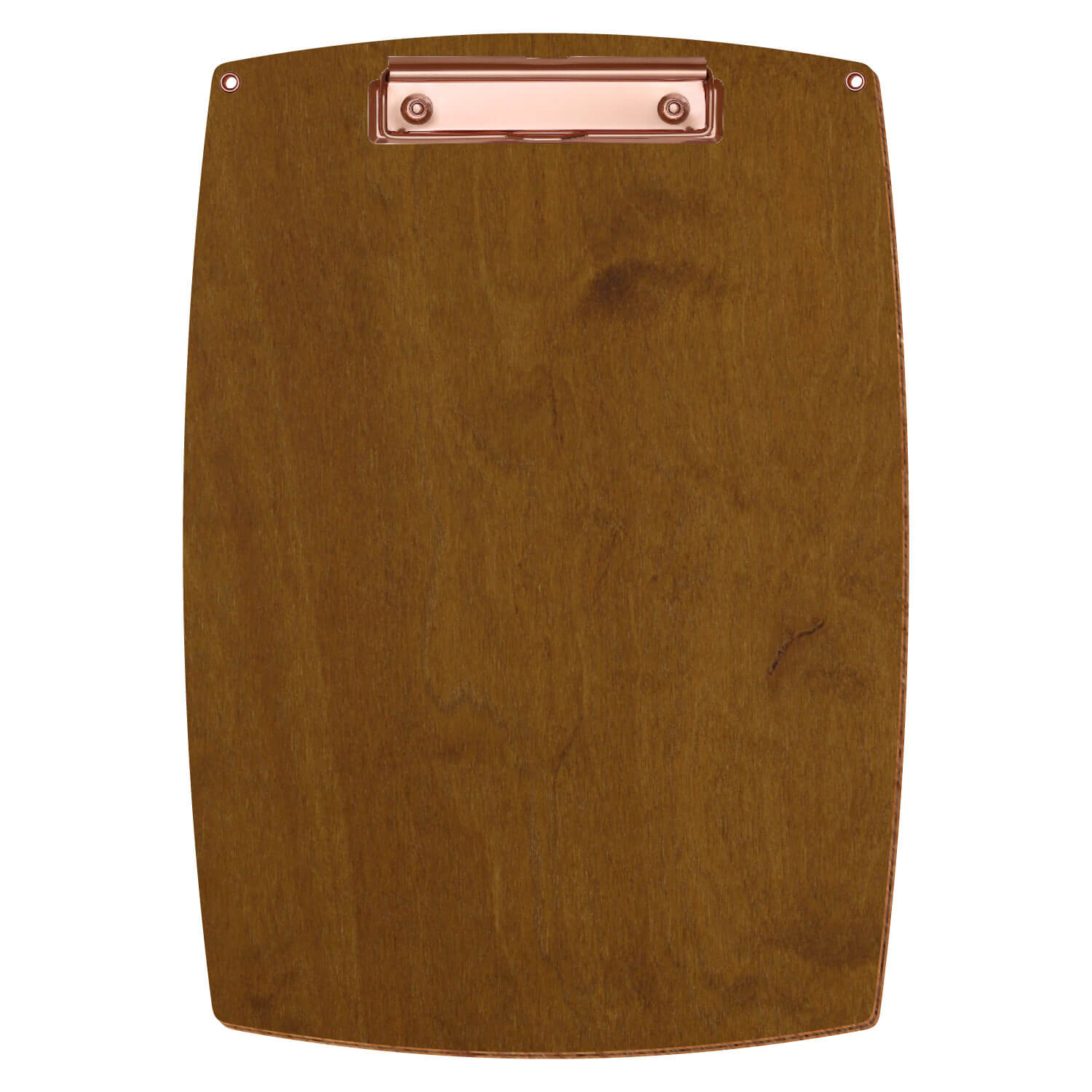 Bütic Holz-Klemmbrett konvex in der Farbe Teak mit Aufhängeösen in A4 hochkant mit roségoldener Bügelklemme