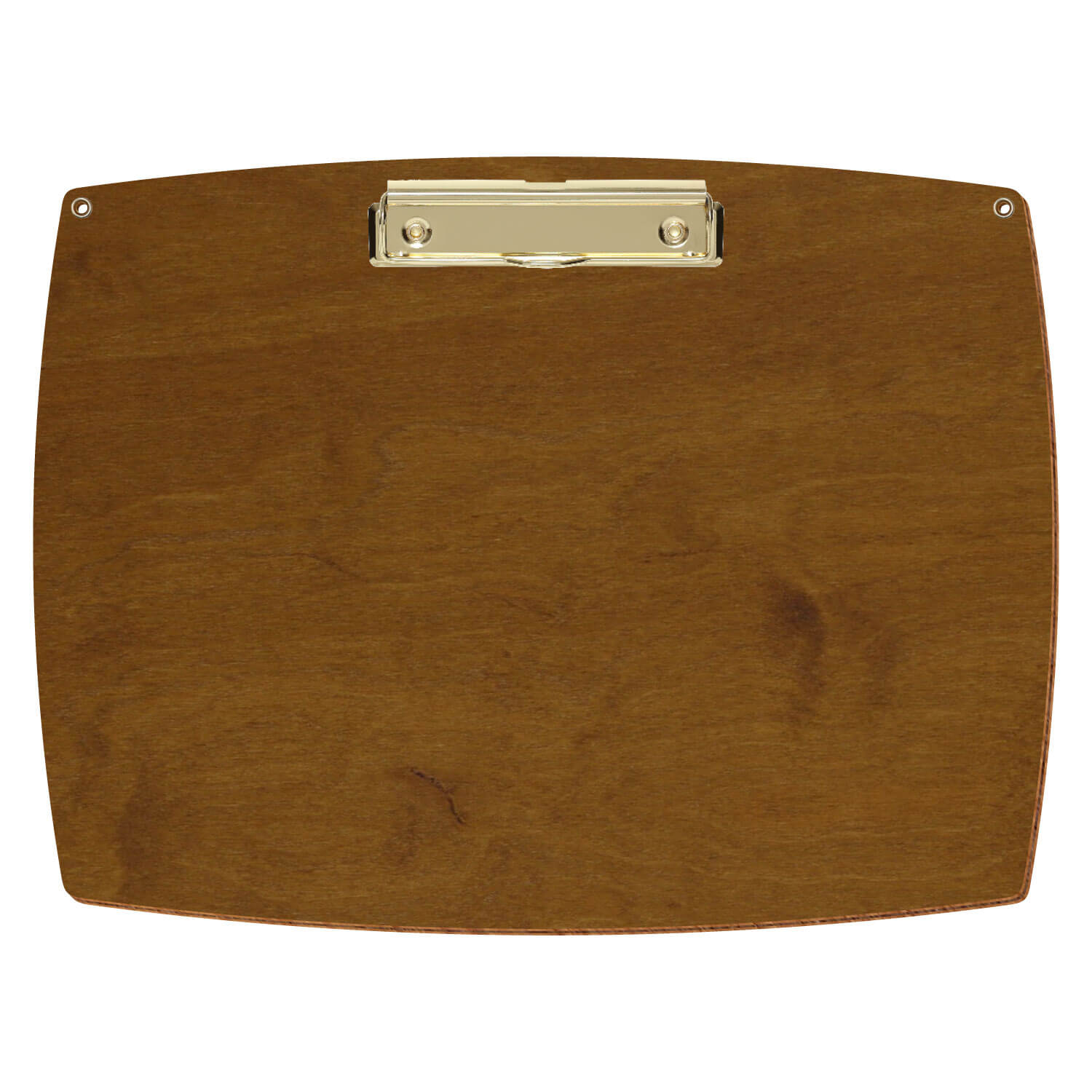 Bütic Holz-Klemmbrett konvex in der Farbe Teak mit Aufhängeösen in A4 querkant mit goldener Bügelklemme