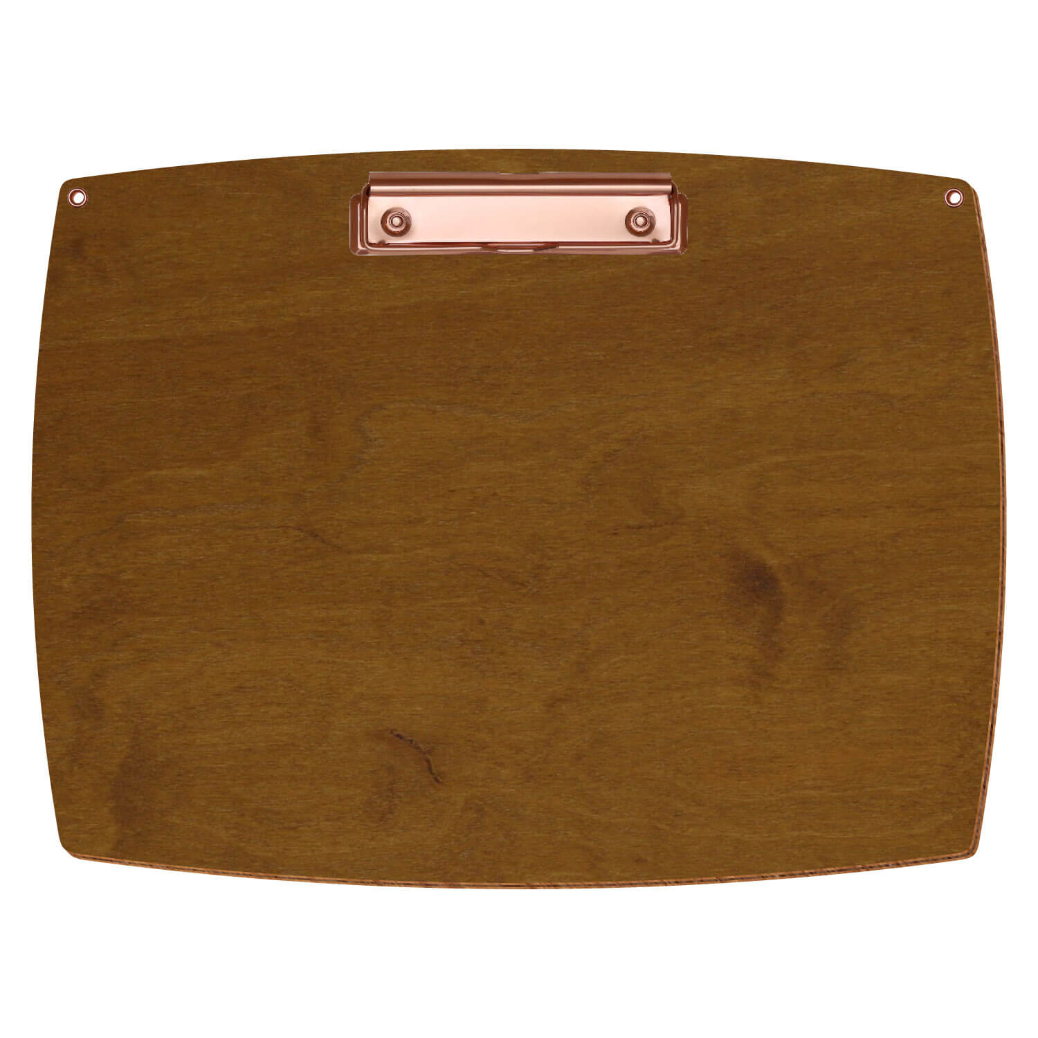 Bütic Holz-Klemmbrett konvex in der Farbe Teak mit Aufhängeösen in A4 querkant mit roségoldener Bügelklemme