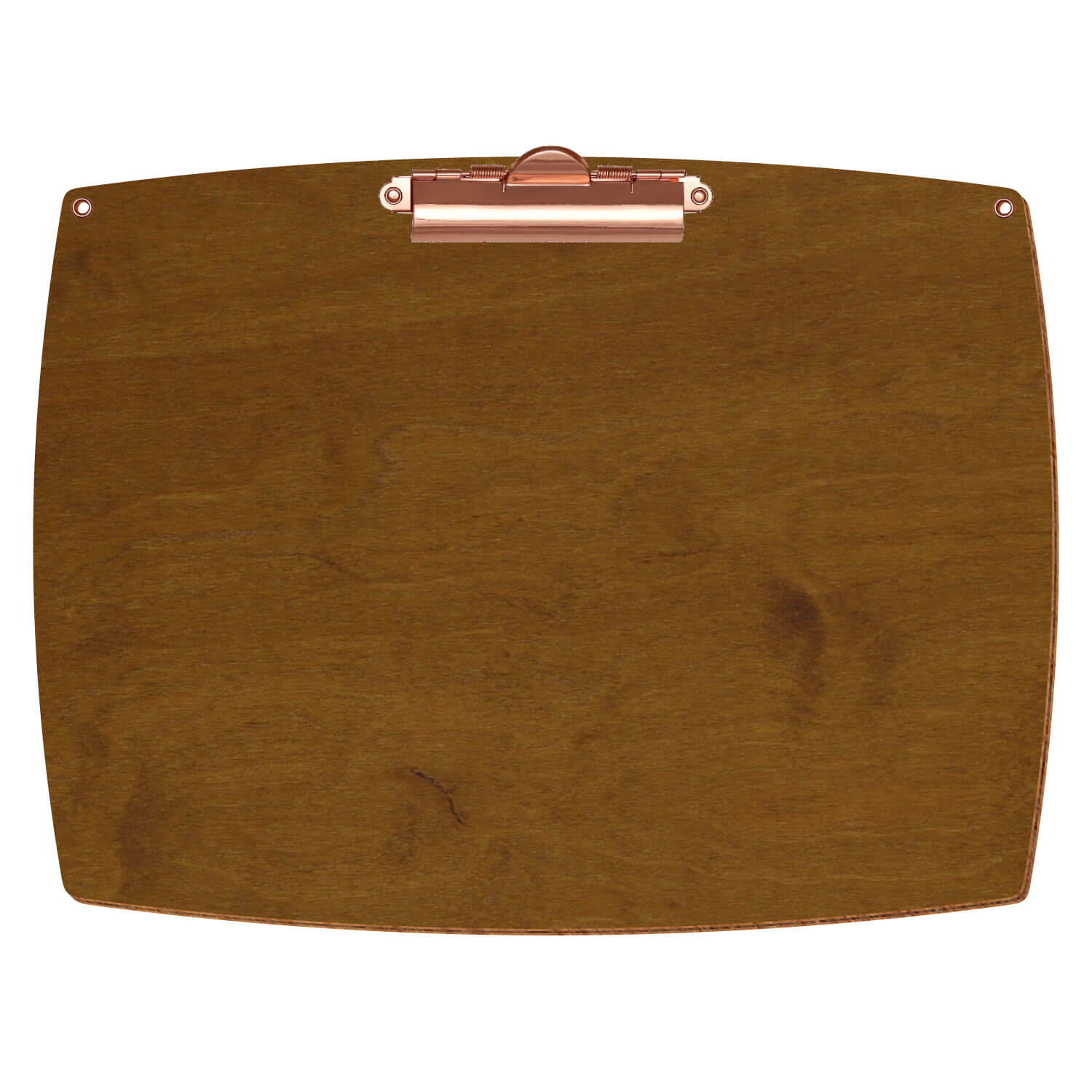 Bütic Holz-Klemmbrett konvex in der Farbe Teak mit Aufhängeösen in A4 querkant mit roségoldener Zahnklemme