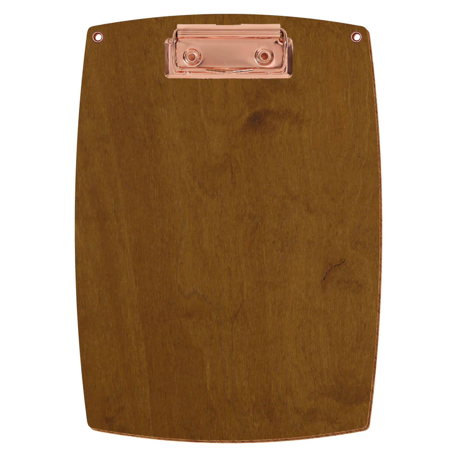 Bütic Holz-Klemmbrett konvex in der Farbe Teak mit Aufhängeösen in A5 hochkant mit roségoldener Bügelklemme
