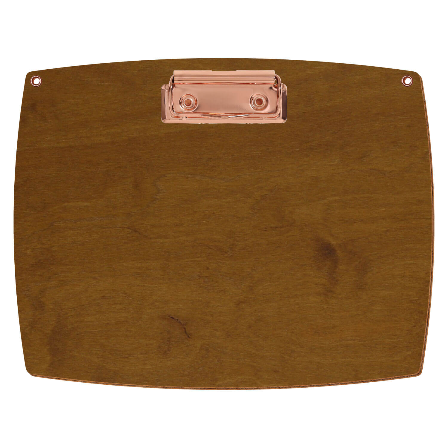 Bütic Holz-Klemmbrett konvex in der Farbe Teak mit Aufhängeösen in A5 querkant mit roségoldener Bügelklemme