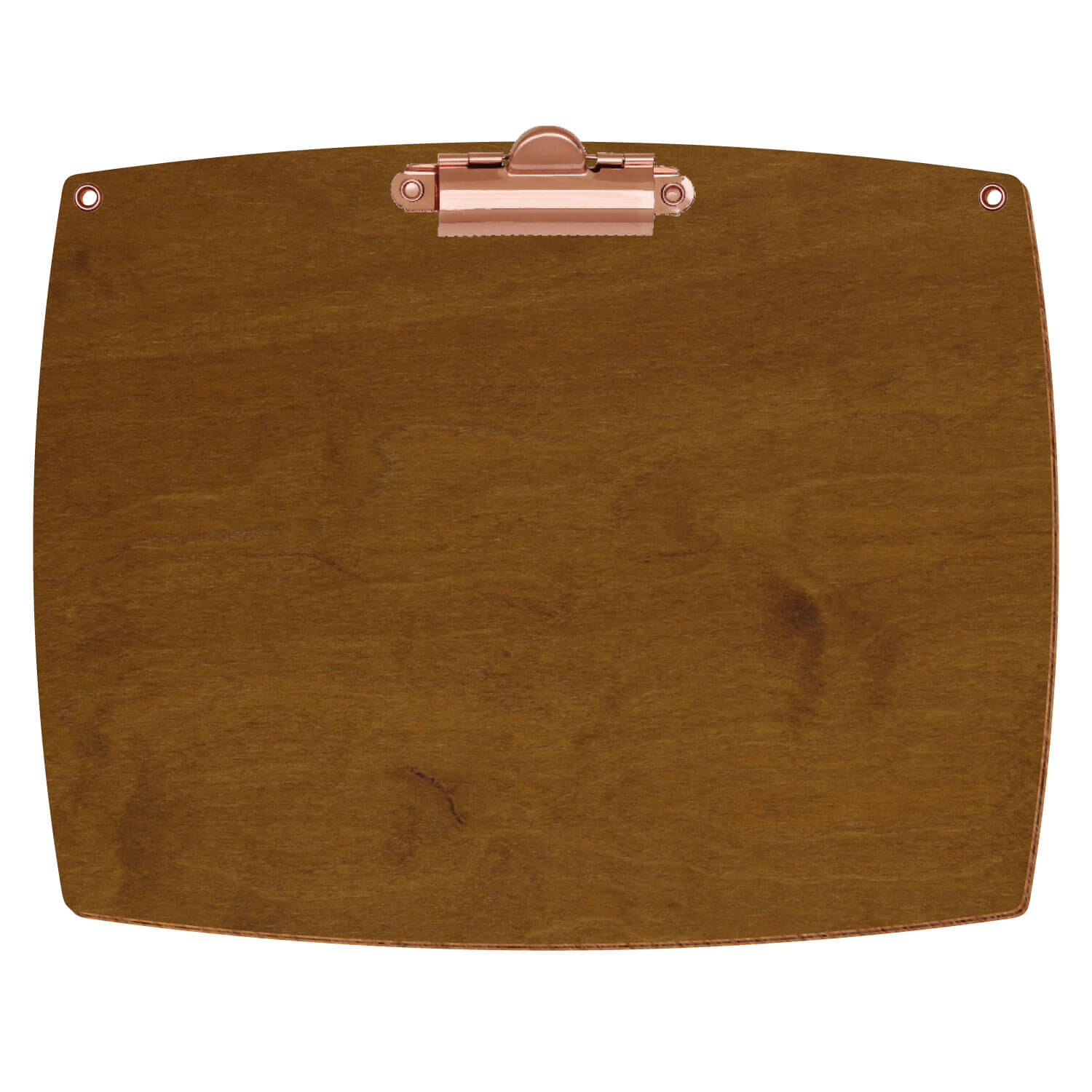 Bütic Holz-Klemmbrett konvex in der Farbe Teak mit Aufhängeösen in A5 querkant mit roségoldener Zahnklemme