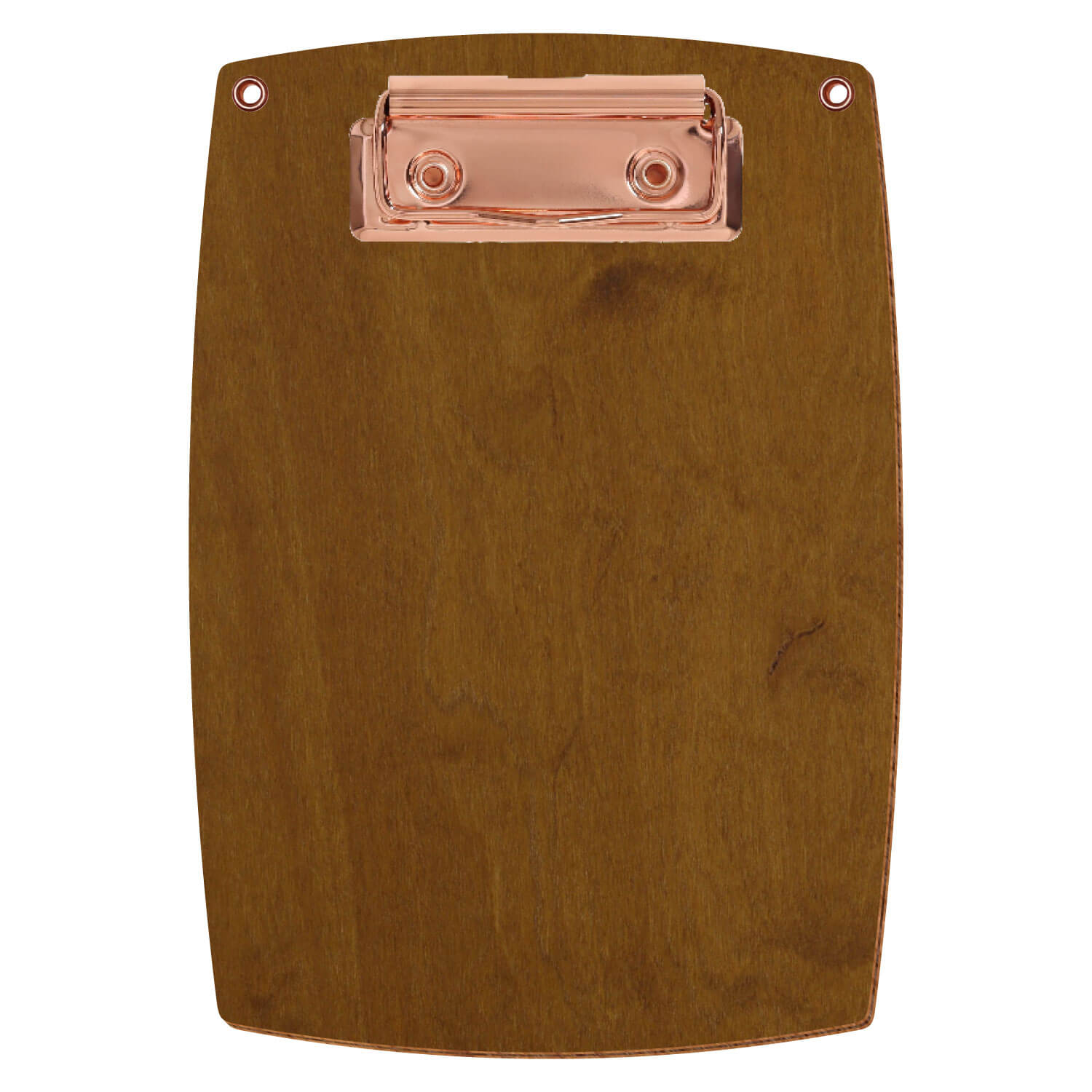 Bütic Holz-Klemmbrett konvex in der Farbe Teak mit Aufhängeösen in A6 hochkant mit roségoldener Bügelklemme