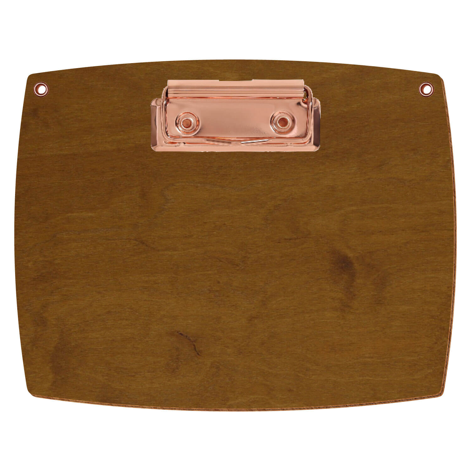 Bütic Holz-Klemmbrett konvex in der Farbe Teak mit Aufhängeösen in A6 querkant mit roségoldener Bügelklemme