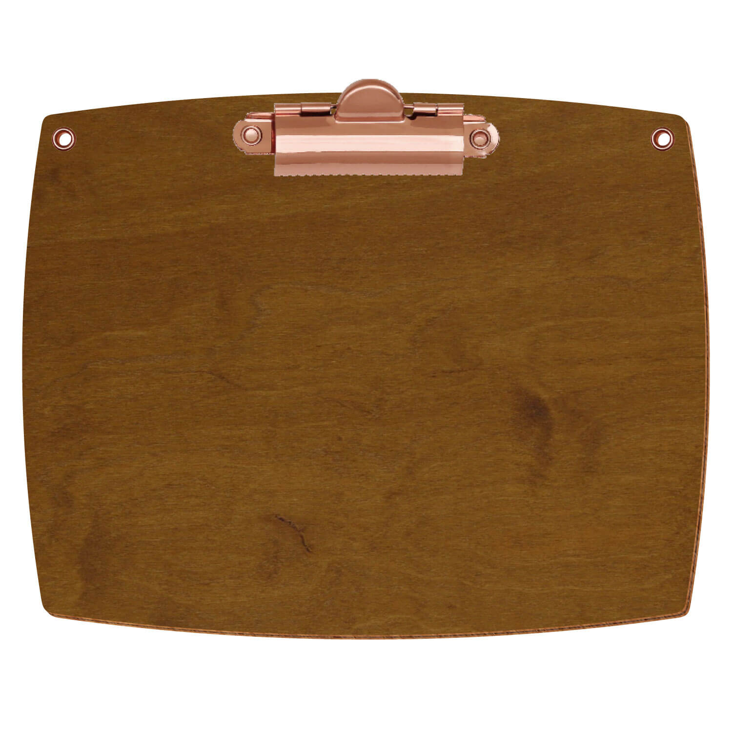 Bütic Holz-Klemmbrett konvex in der Farbe Teak mit Aufhängeösen in A6 querkant mit roségoldener Zahnklemme
